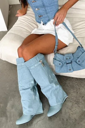 Hazal Knee High Boots - Blue Denim thick warmth