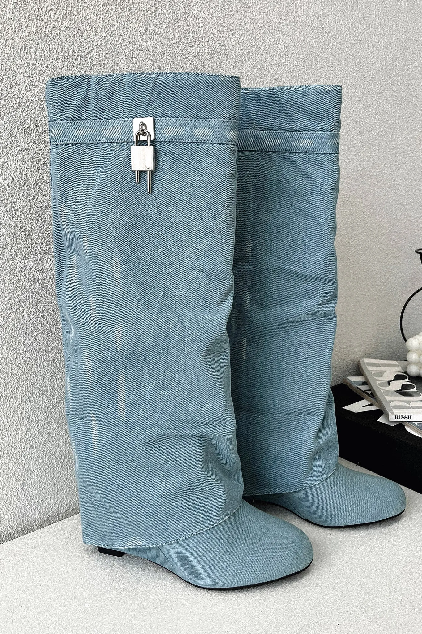 Hazal Knee High Boots - Blue Denim travel suitable