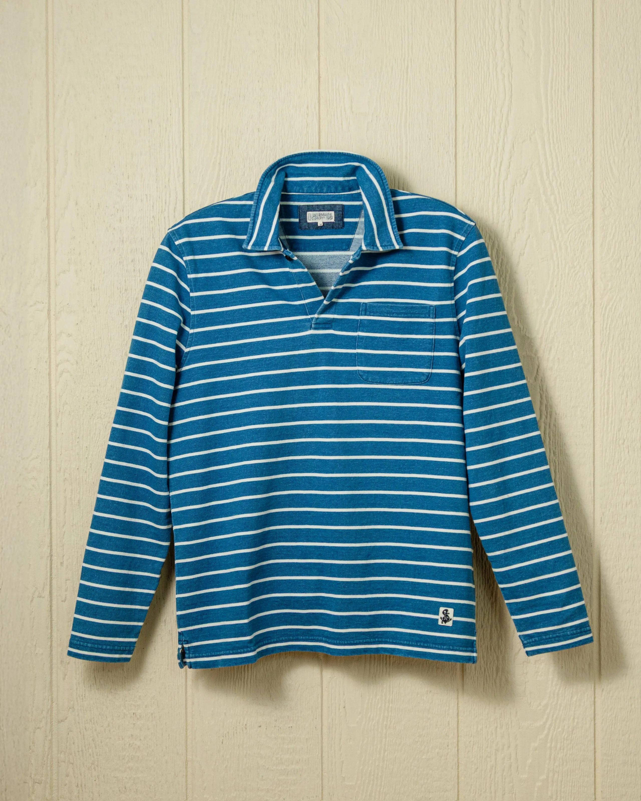 Heavyweight Long Sleeve Indigo Polo in  Indigo/White Stripe smooth tone