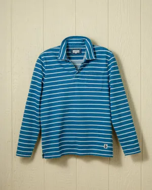 Heavyweight Long Sleeve Indigo Polo in  Indigo/White Stripe smooth tone