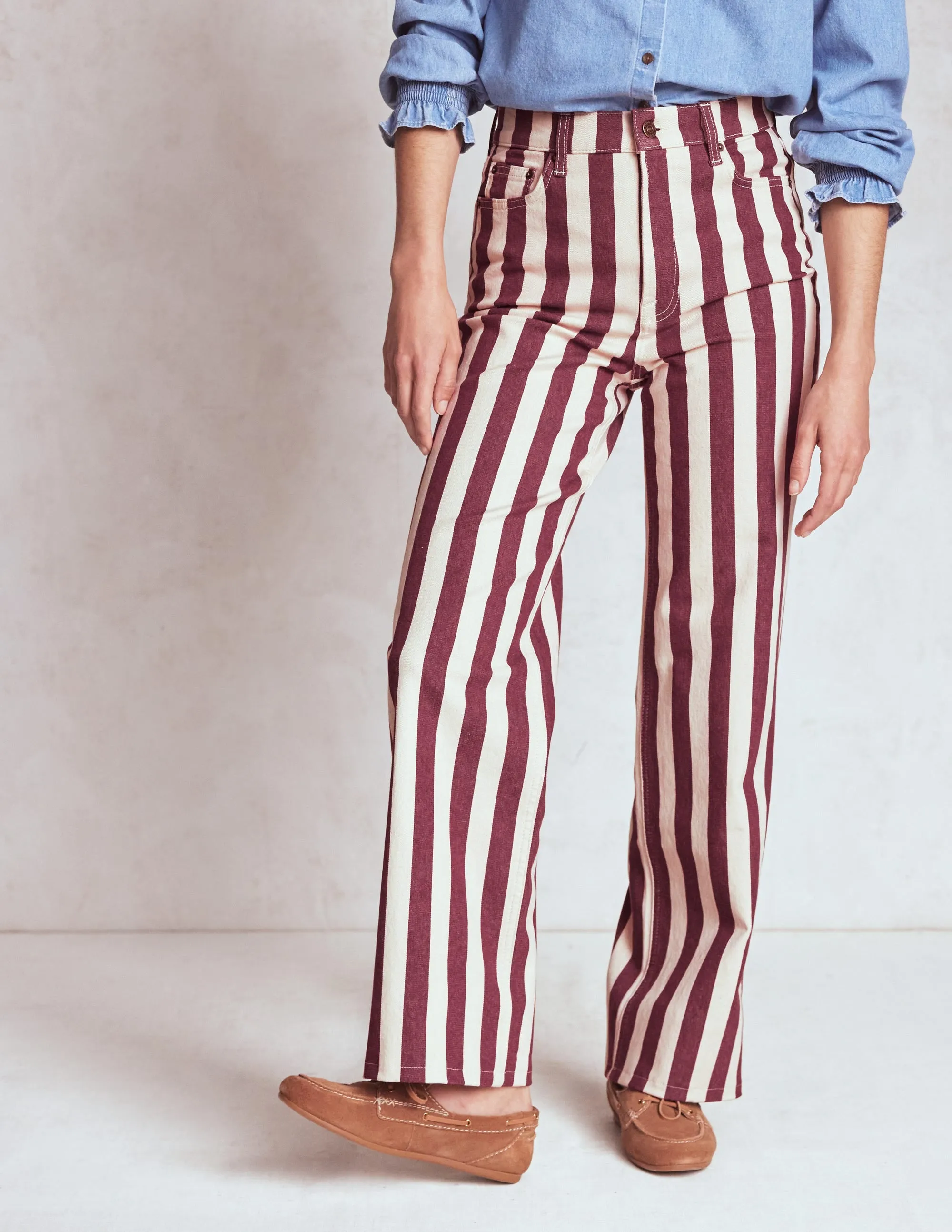 High Rise Column Leg Jeans-Maroon and Ivory Stripe trend pick