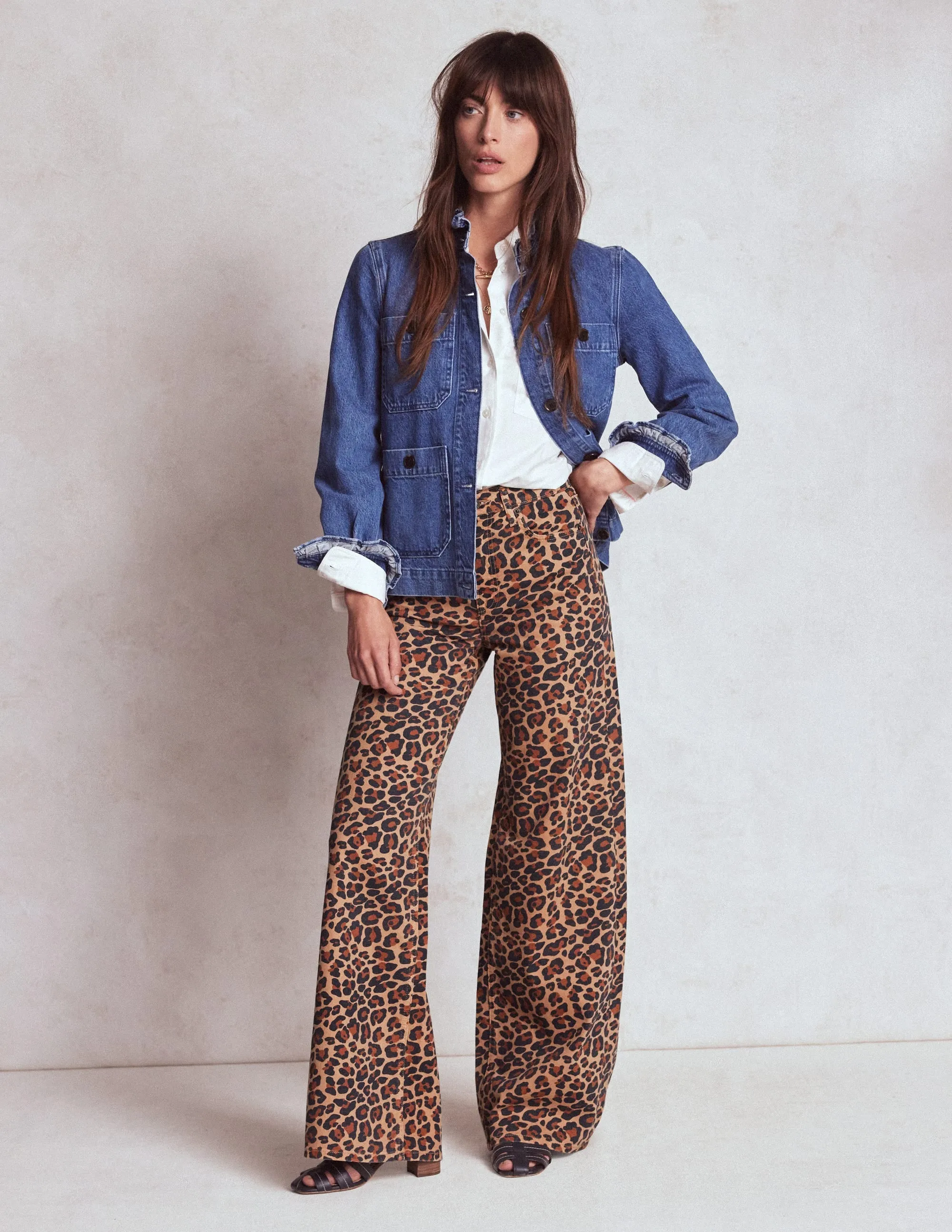 High Rise Wide Leg Jeans-Leopard Print contrast stitching