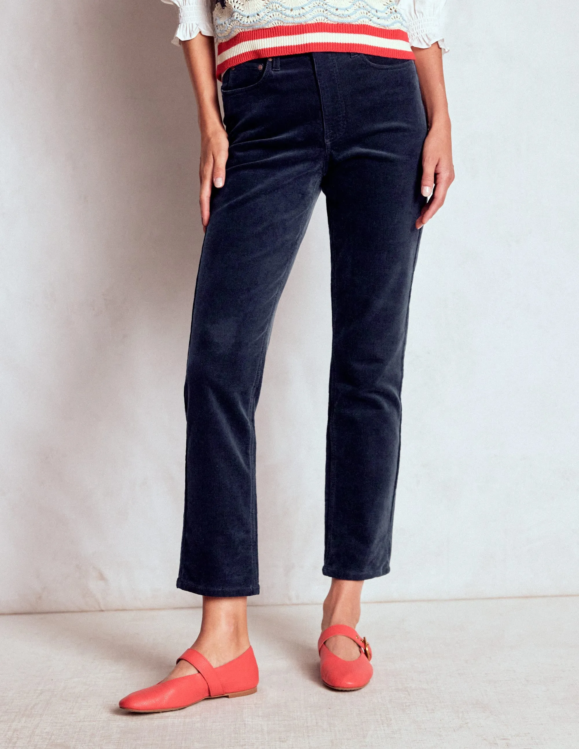 High-Waisted Cord Slim Jeans-Navy fashion energy