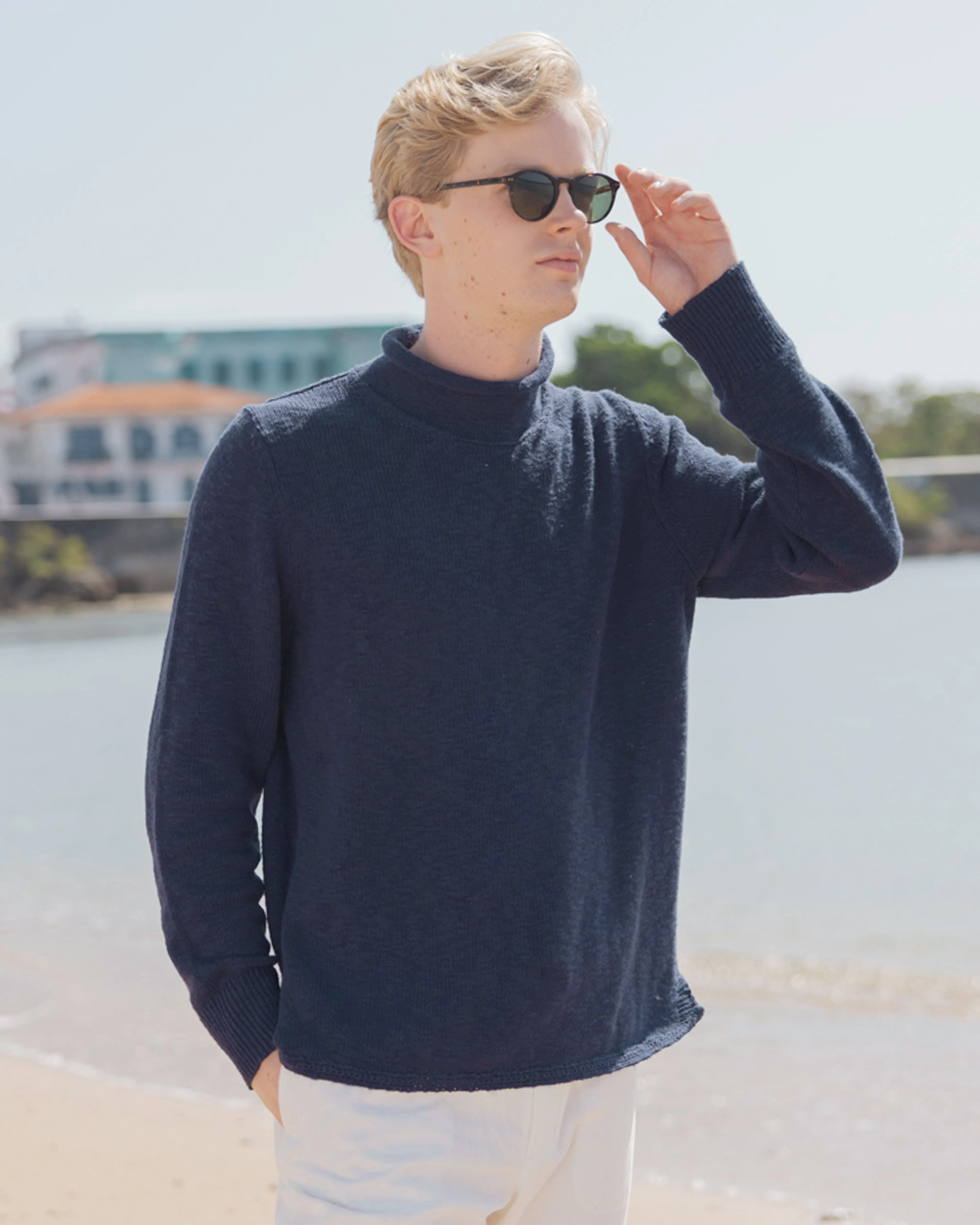 Homespun Fisherman's Sweater in Navy soft inside