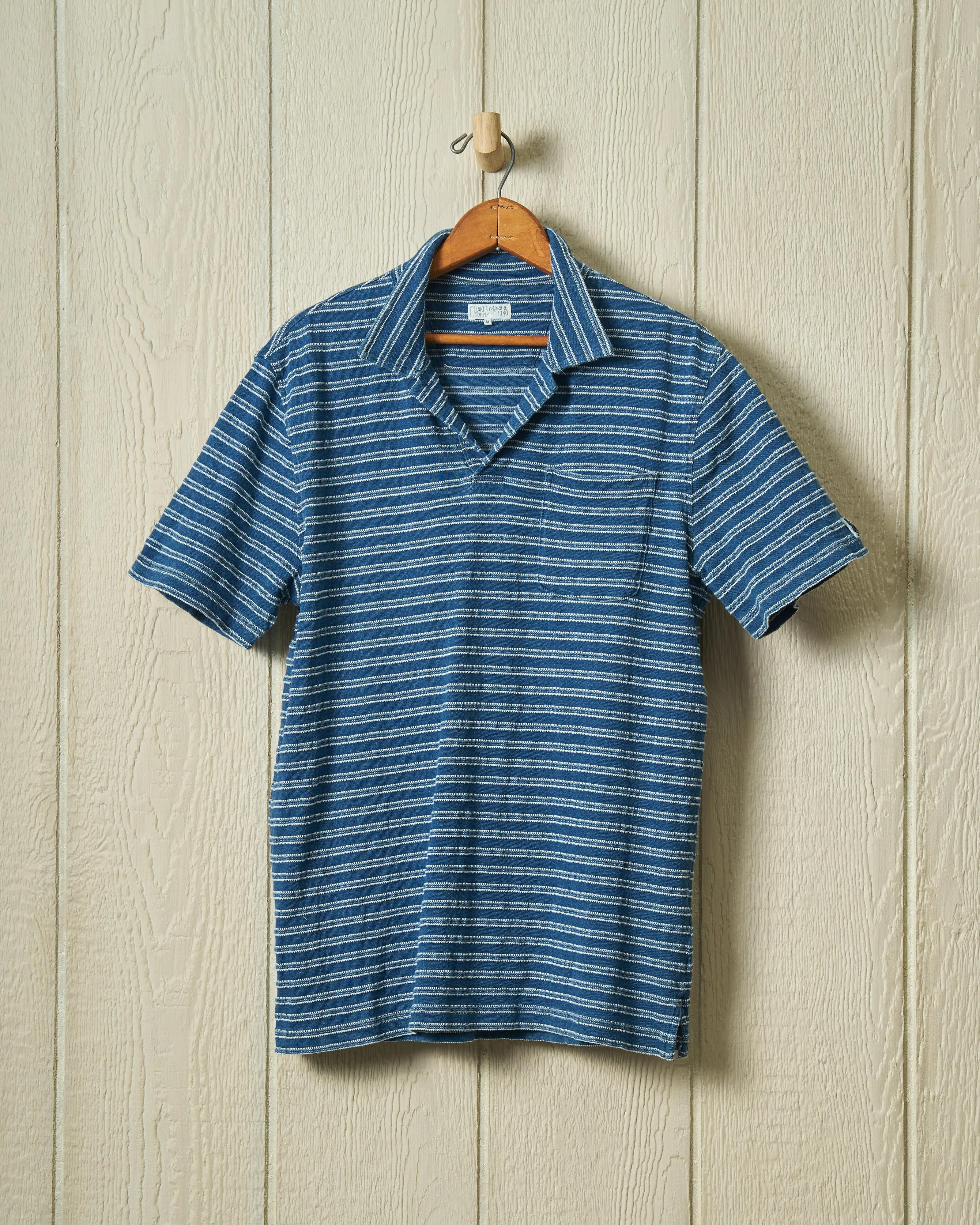 Indigo Polo in Mid Wash Jacquard Stripe summer cool