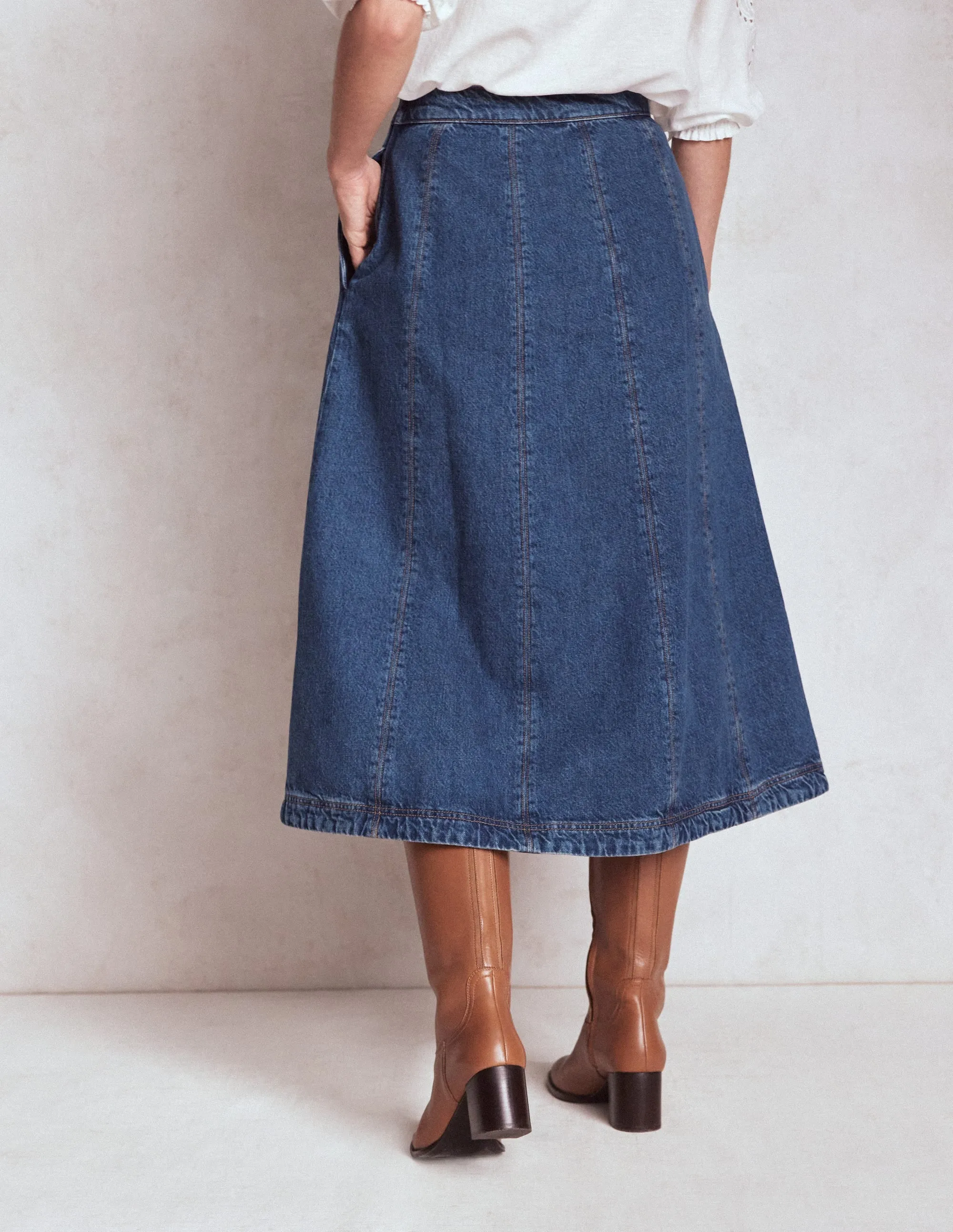 Joy Panelled Denim Skirt-Mid Wash high quality