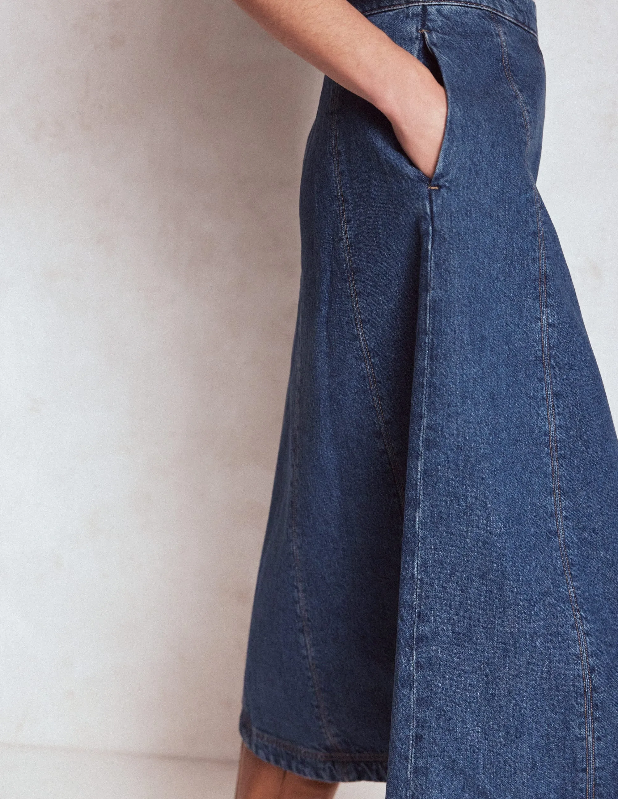 Joy Panelled Denim Skirt-Mid Wash natural drape