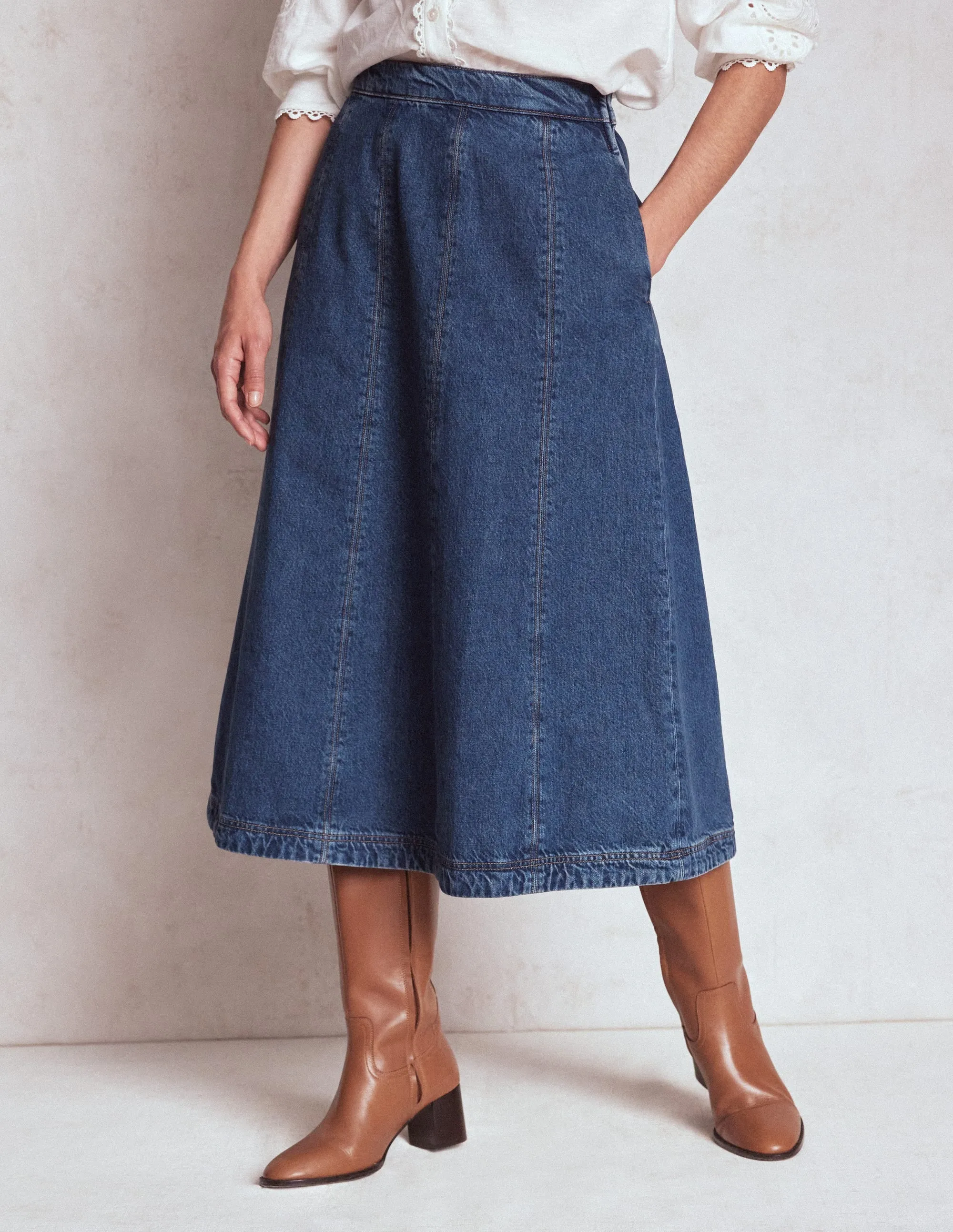 Joy Panelled Denim Skirt-Mid Wash classic pick