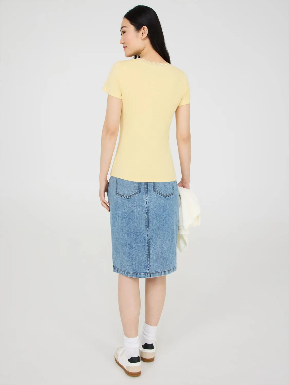 Lace Trim Scoop Neck Ribbed Top Party Night