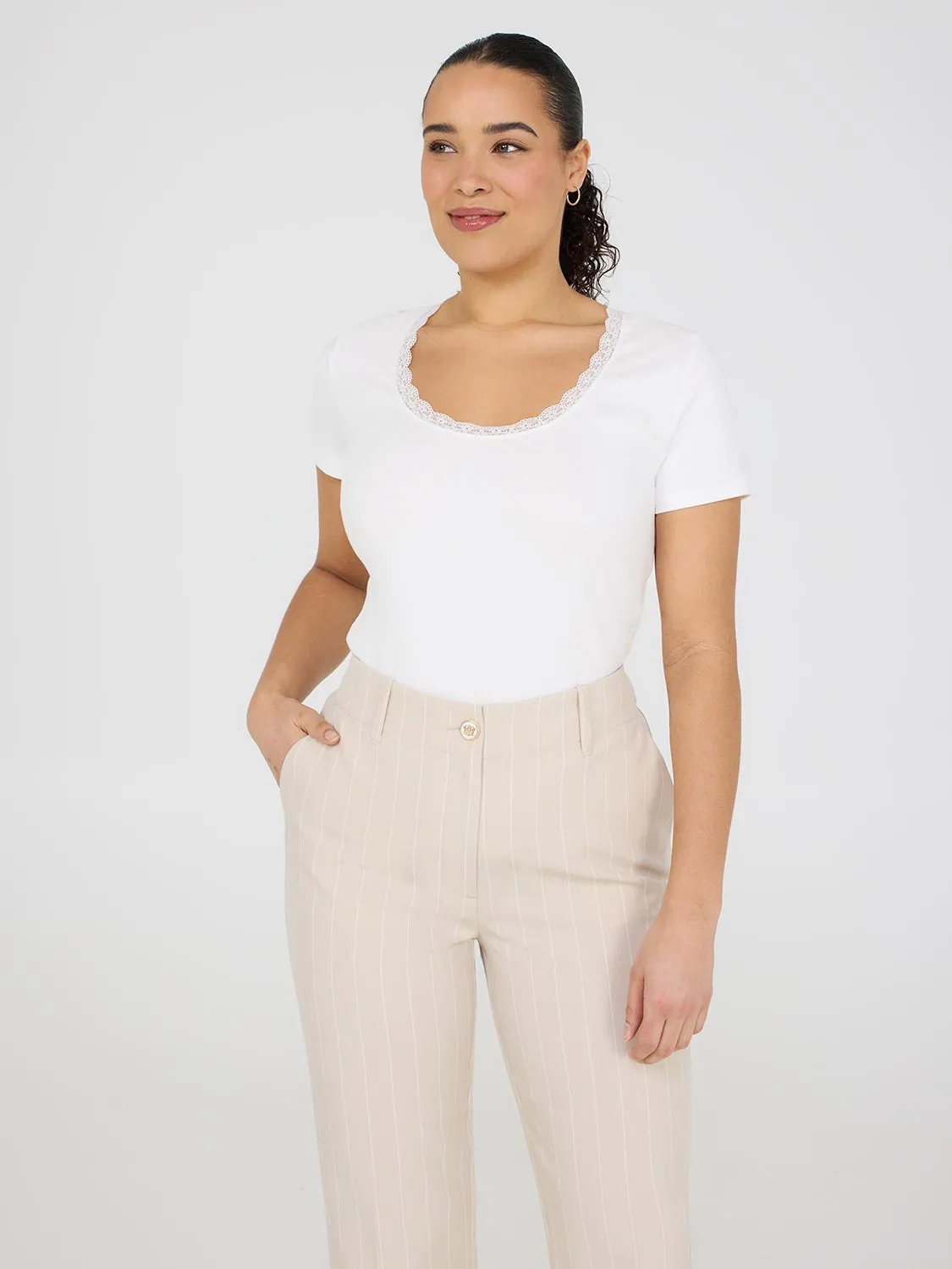 Lace Trim Scoop Neck Ribbed Top Subtle Cool