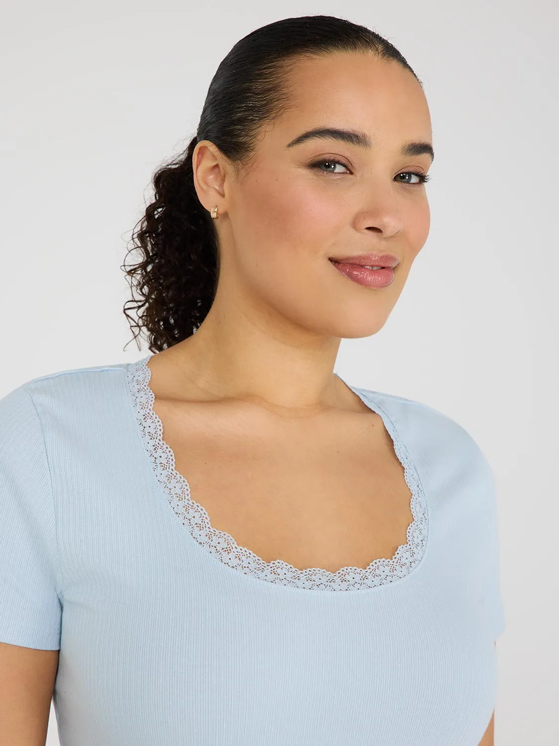 Lace Trim Scoop Neck Ribbed Top All Occasion