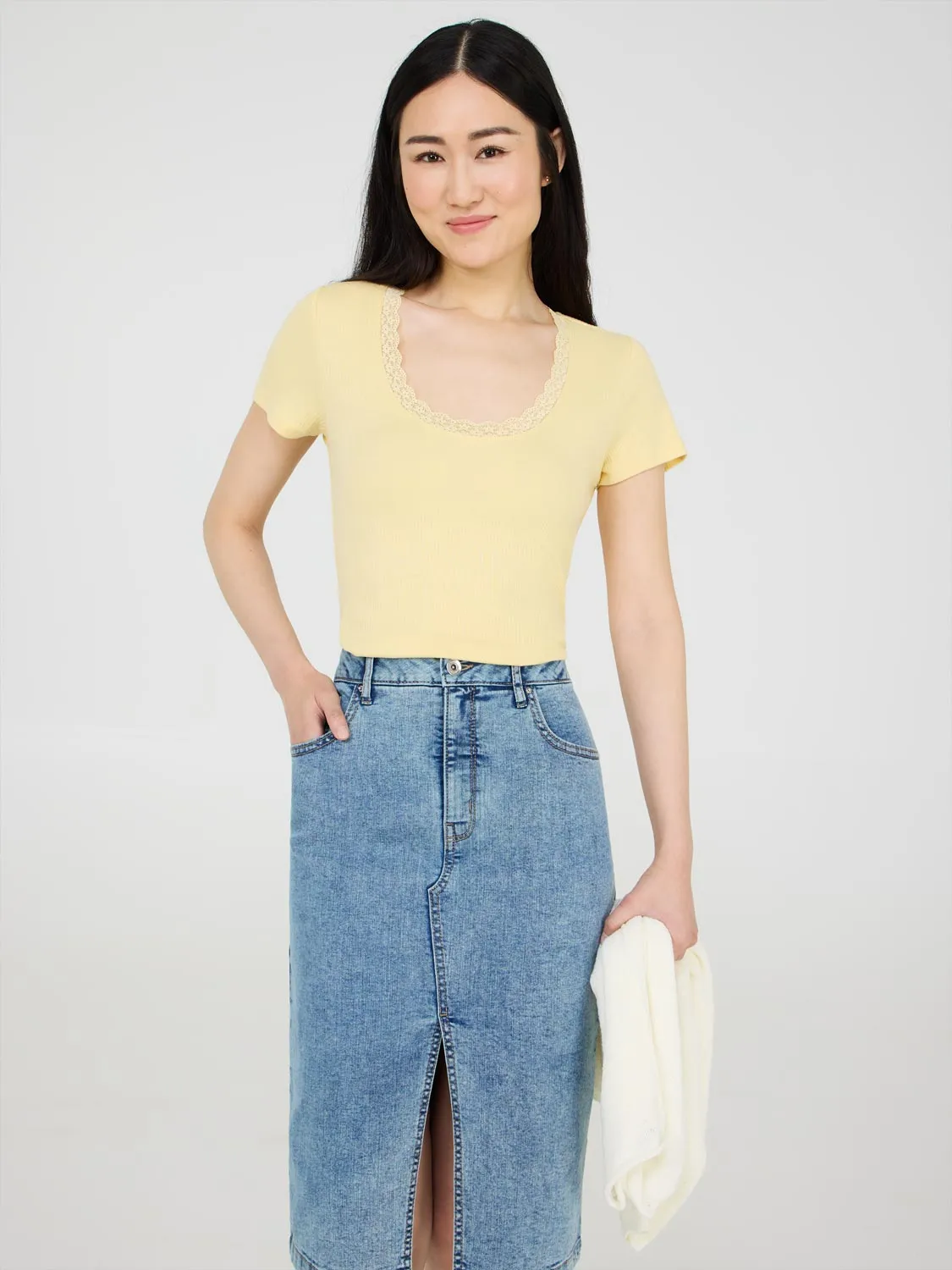 Lace Trim Scoop Neck Ribbed Top Culture Code