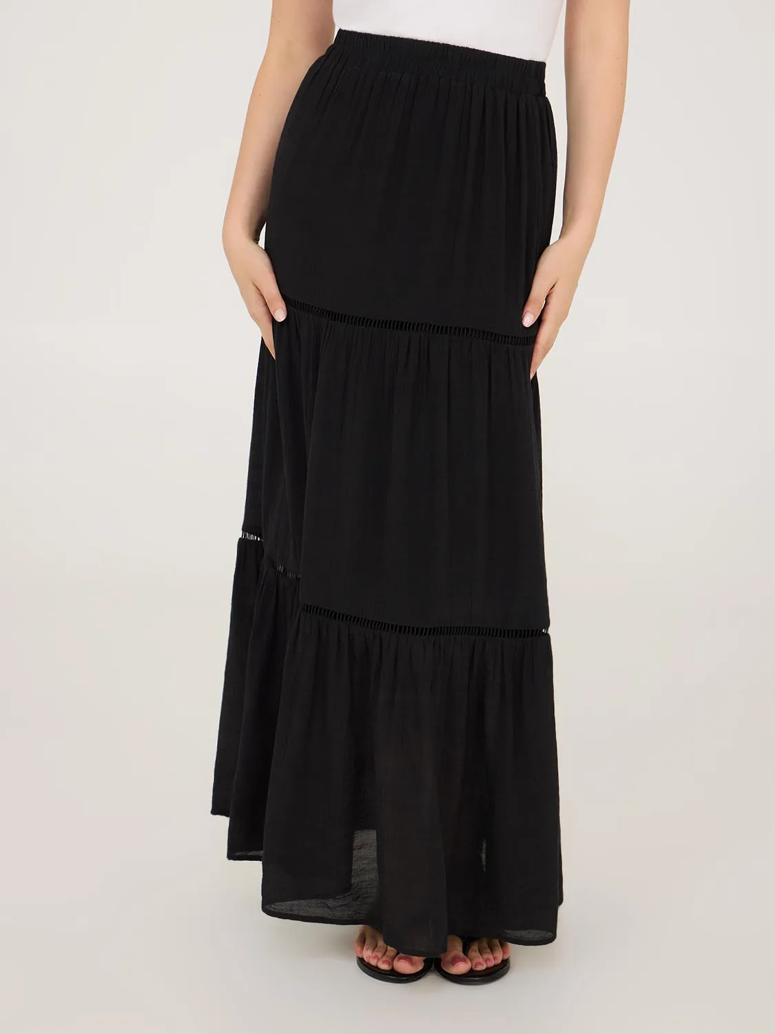 Lattice Crochet Trim Tiered Maxi Skirt lightweight airy