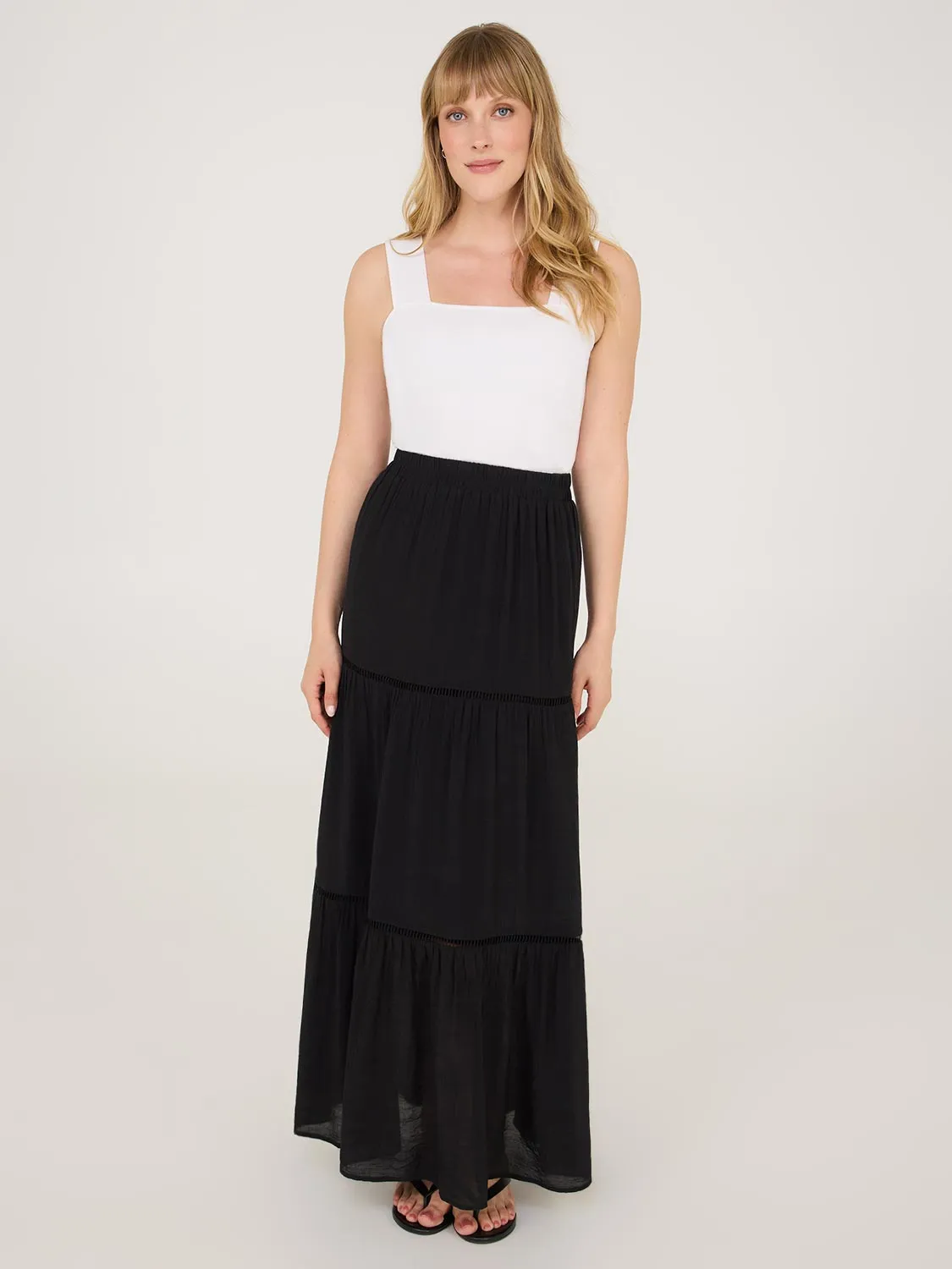 Lattice Crochet Trim Tiered Maxi Skirt fashionista pick