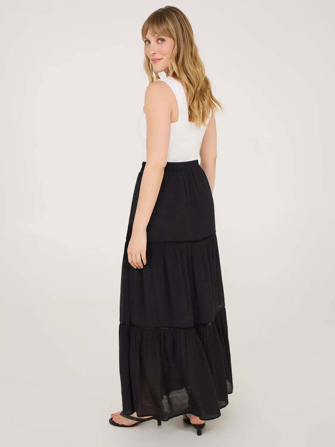 Lattice Crochet Trim Tiered Maxi Skirt bold style