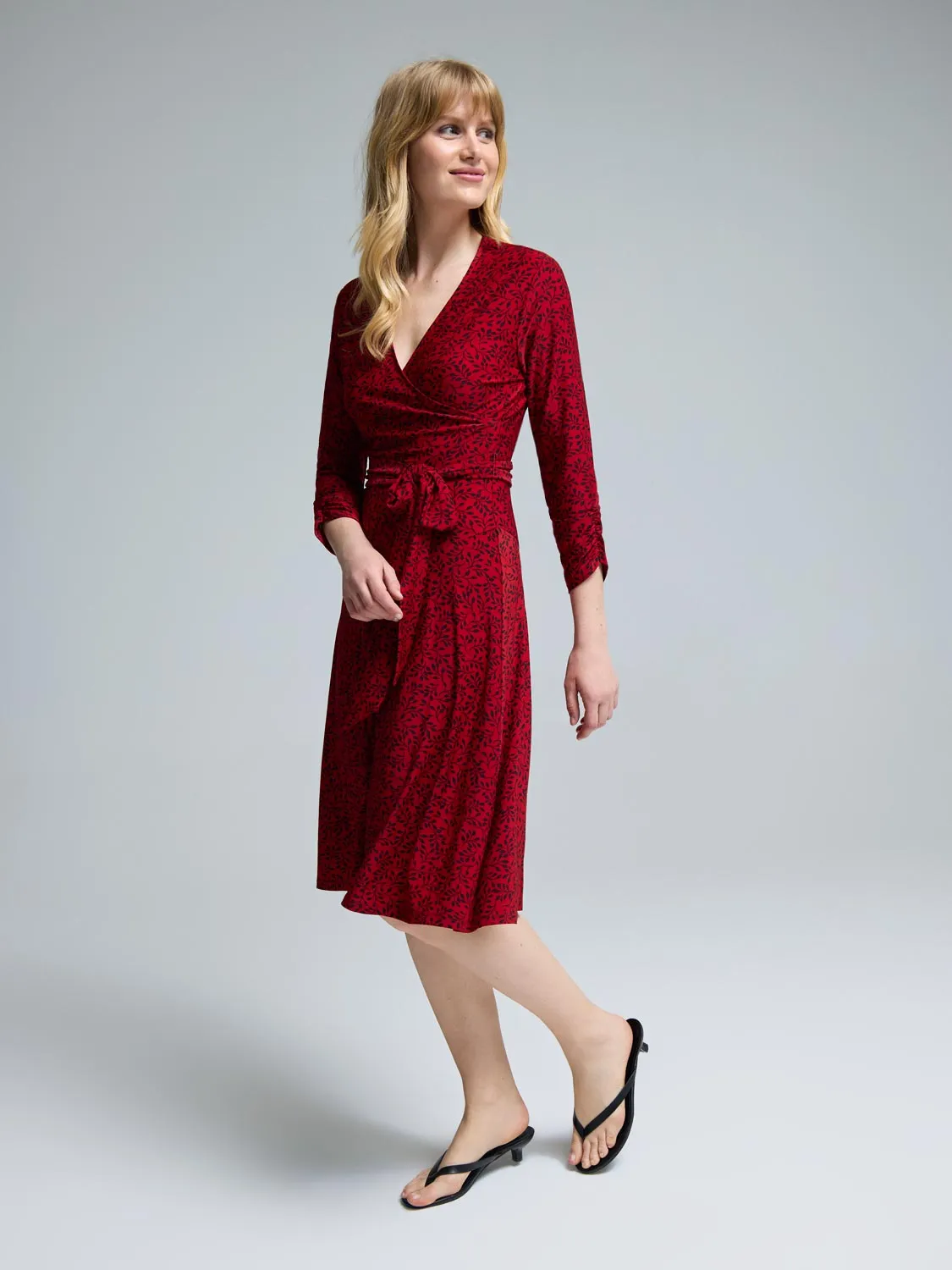 Leaf Print A-Line Midi Dress belt accent