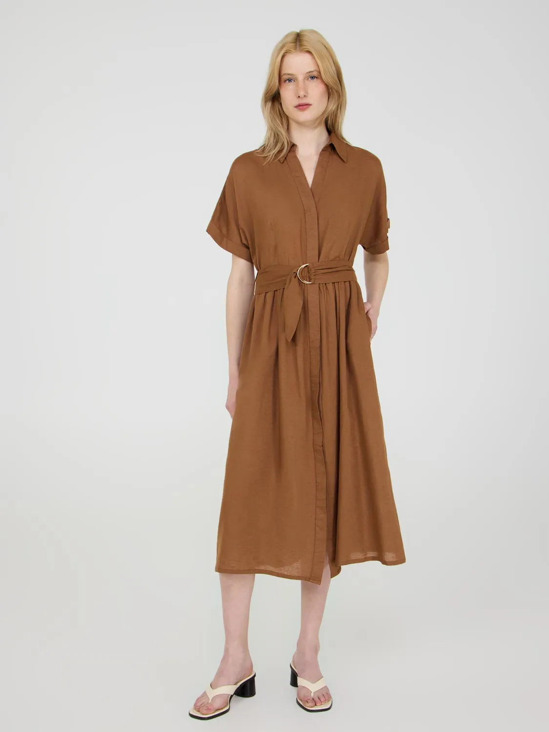 Linen Blend Dolman Sleeve Shirt Dress soft tone