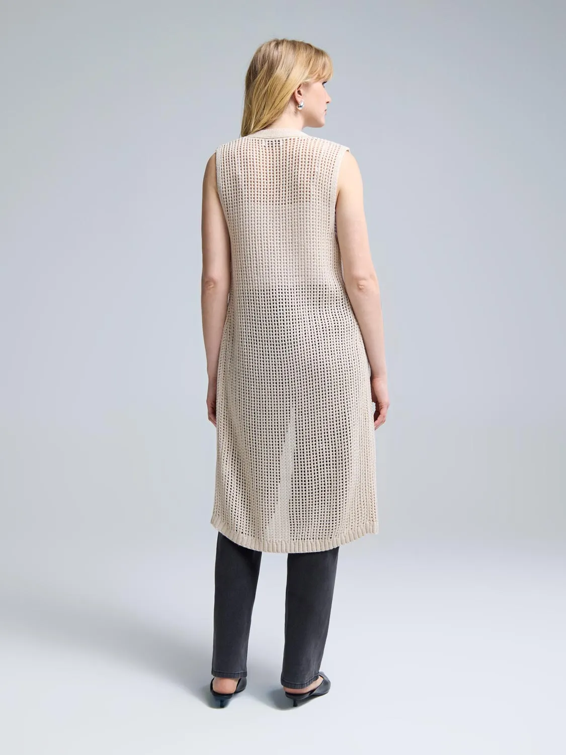Long Crochet Sweater Vest wear light