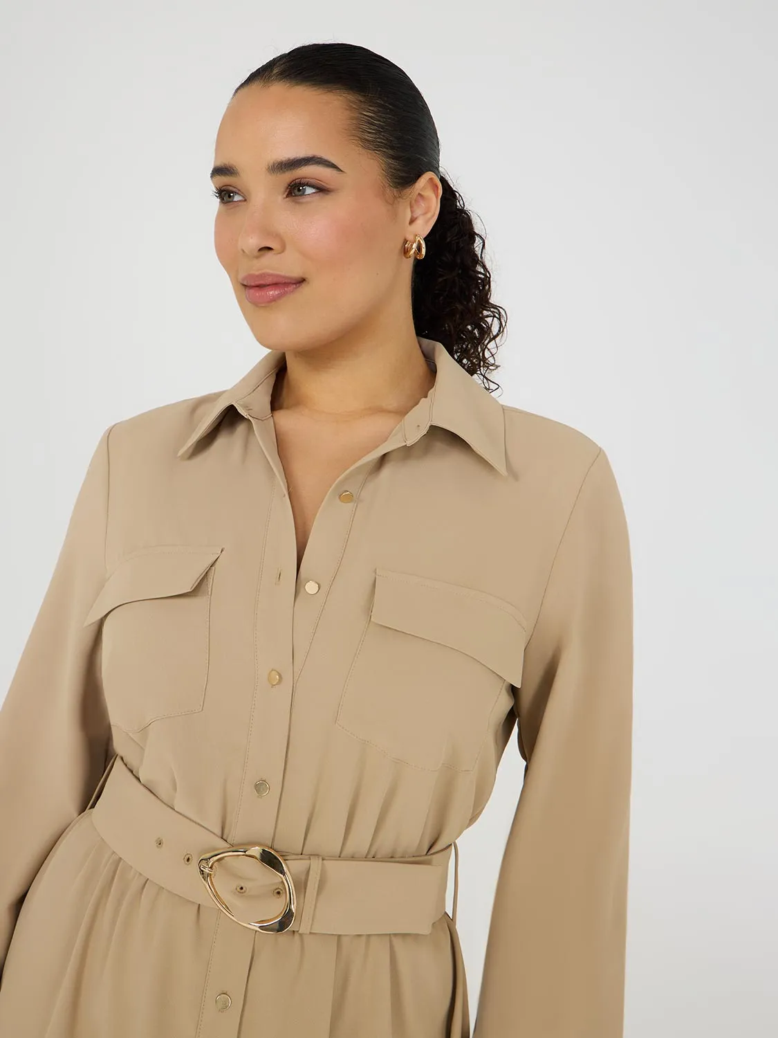 Long Sleeve Belted Shirt Dress easy style