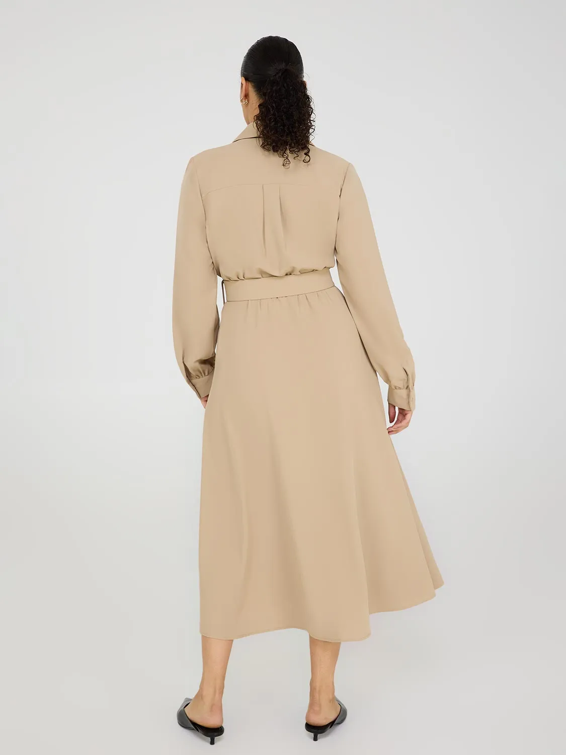 Long Sleeve Belted Shirt Dress slim style