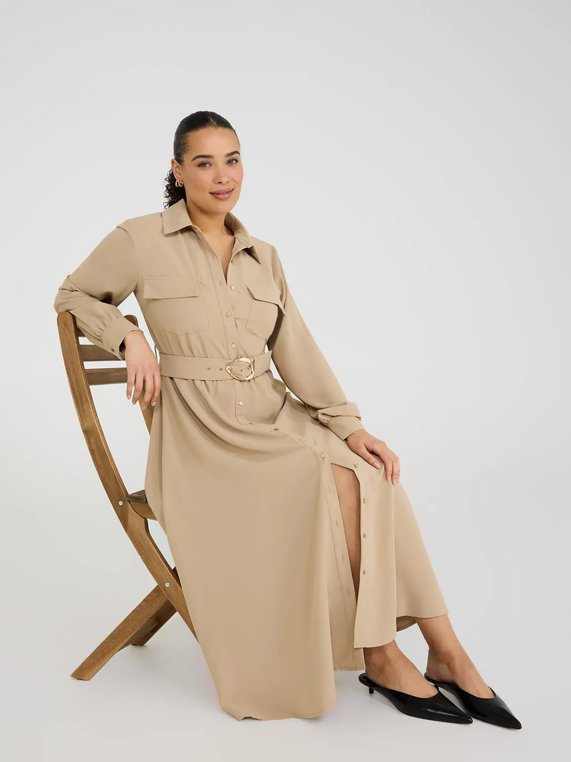 Long Sleeve Belted Shirt Dress easy fit