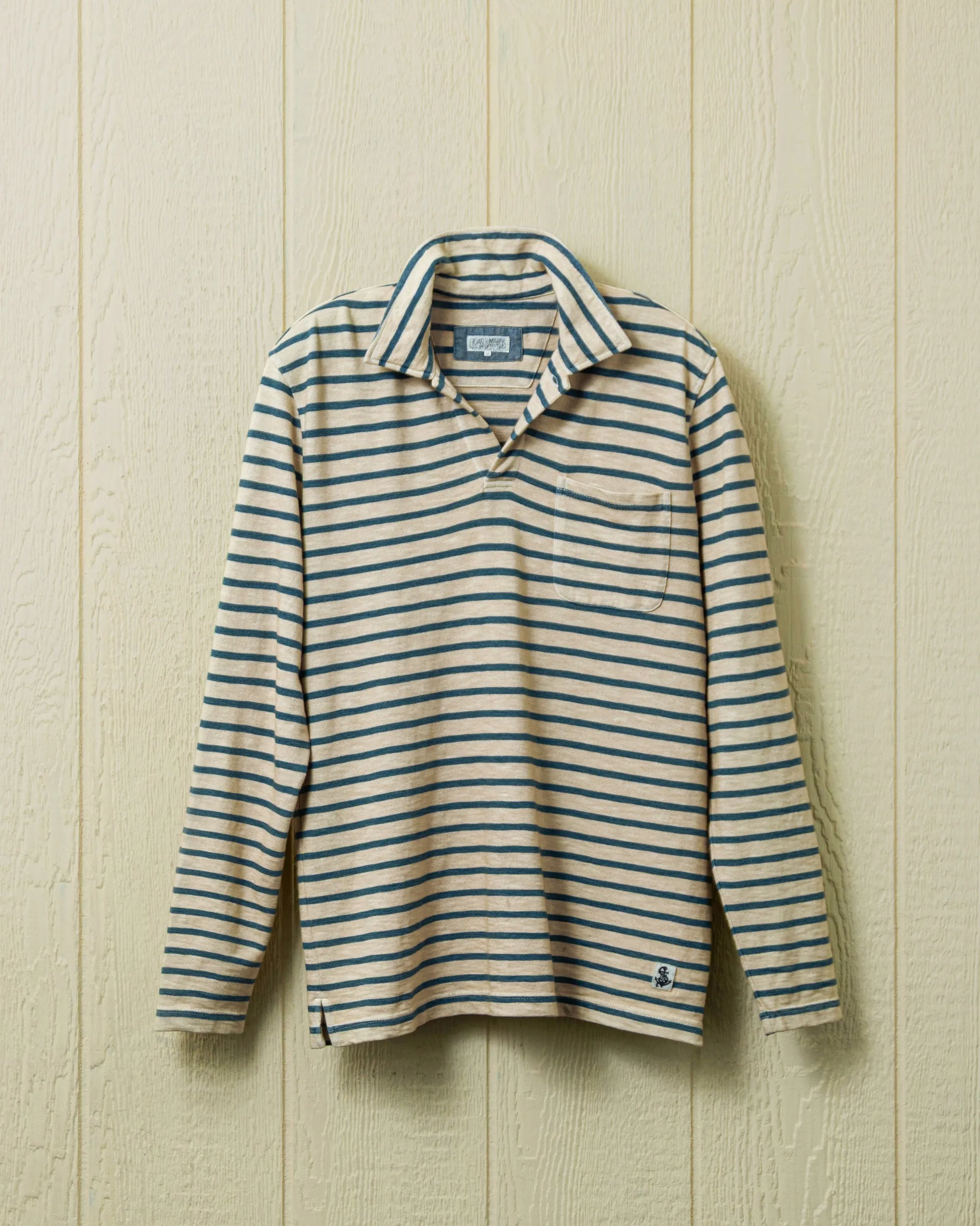 Long Sleeve Indigo Overdyed Polo in Sand fitted form