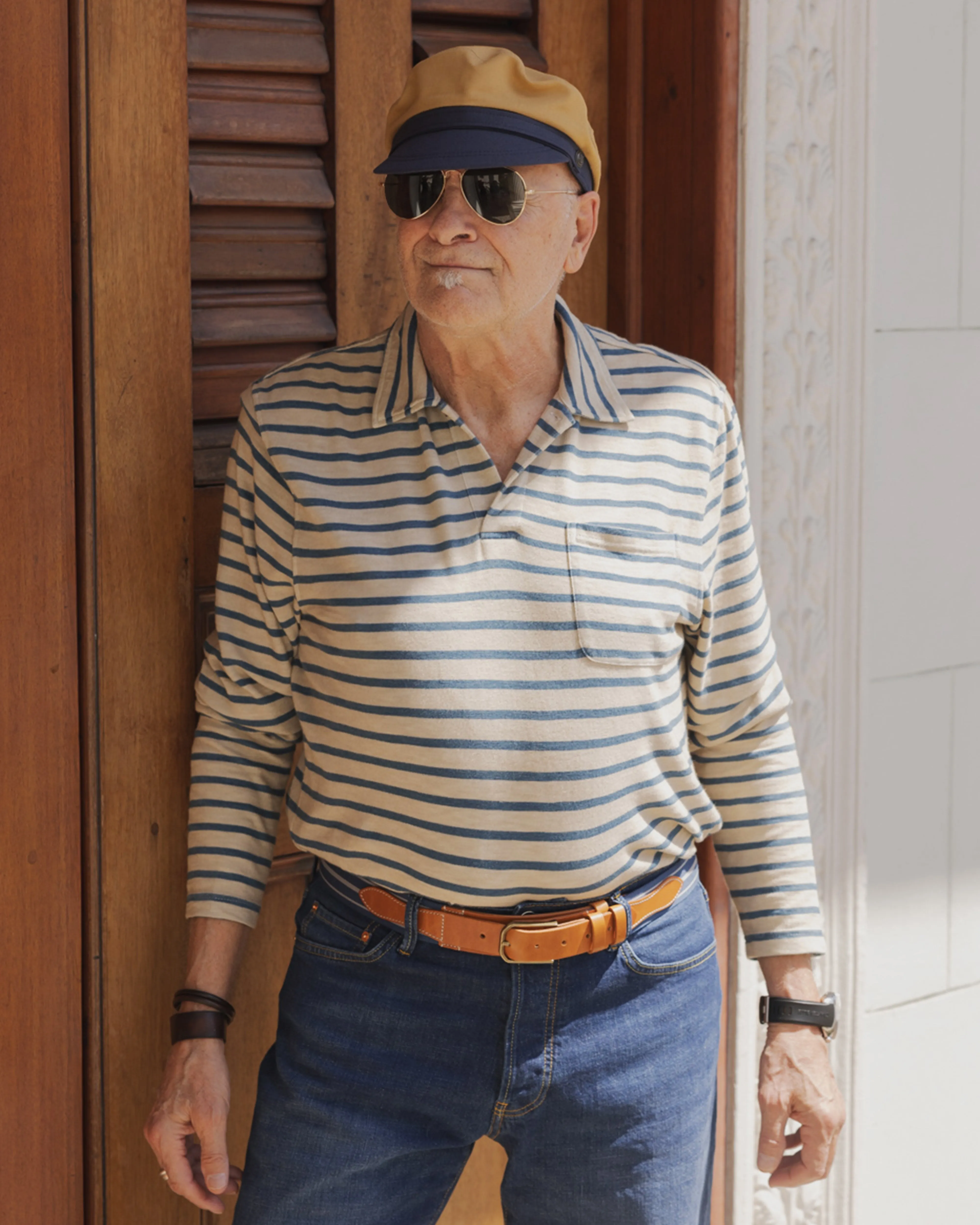 Long Sleeve Indigo Overdyed Polo in Sand stylish ease
