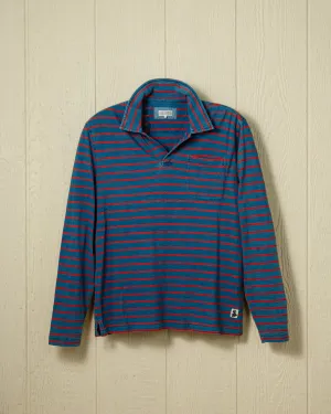 Long Sleeve Indigo Polo in 3/4" Red/Navy Stripe subtle style