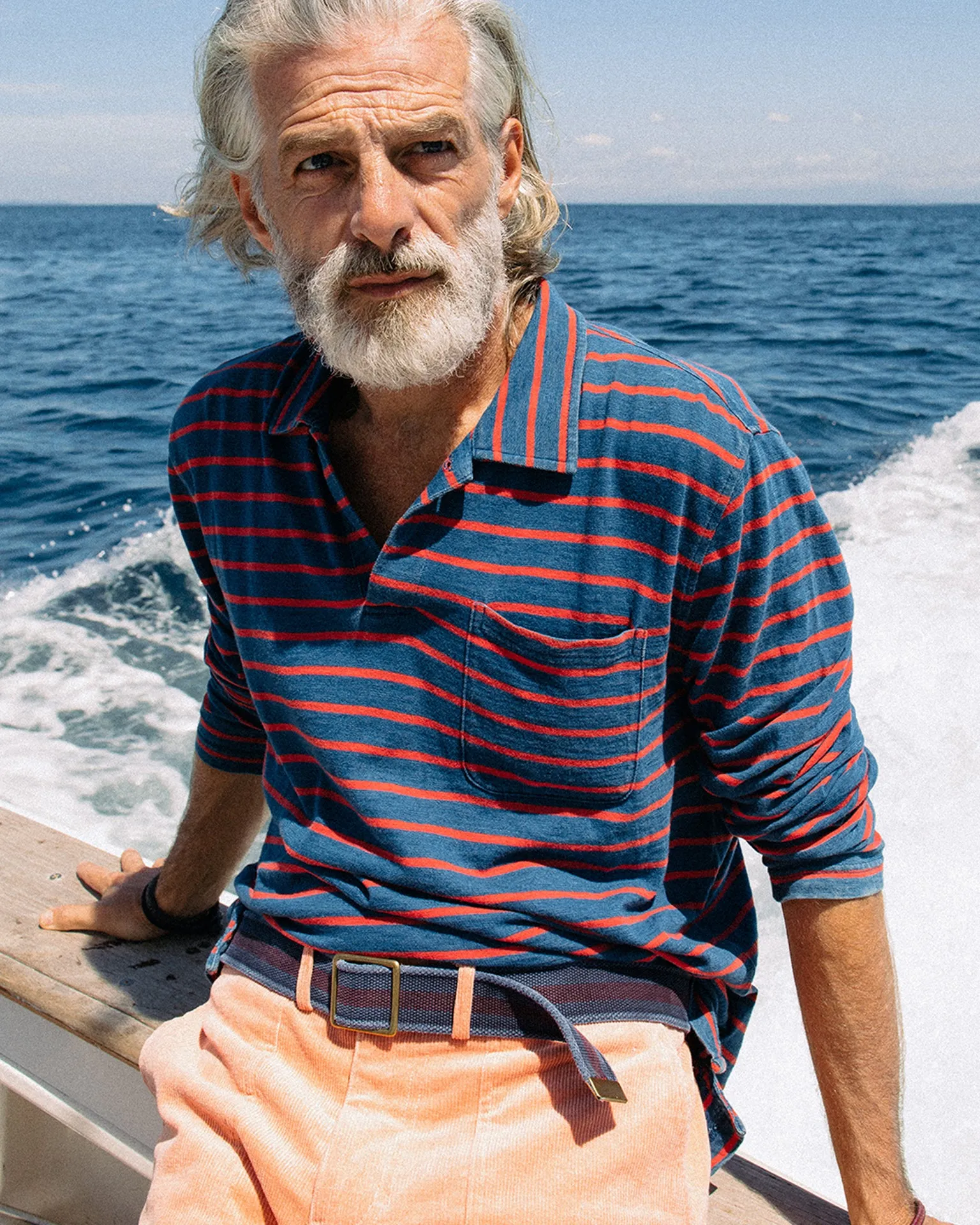 Long Sleeve Indigo Polo in 3/4" Red/Navy Stripe earth tone