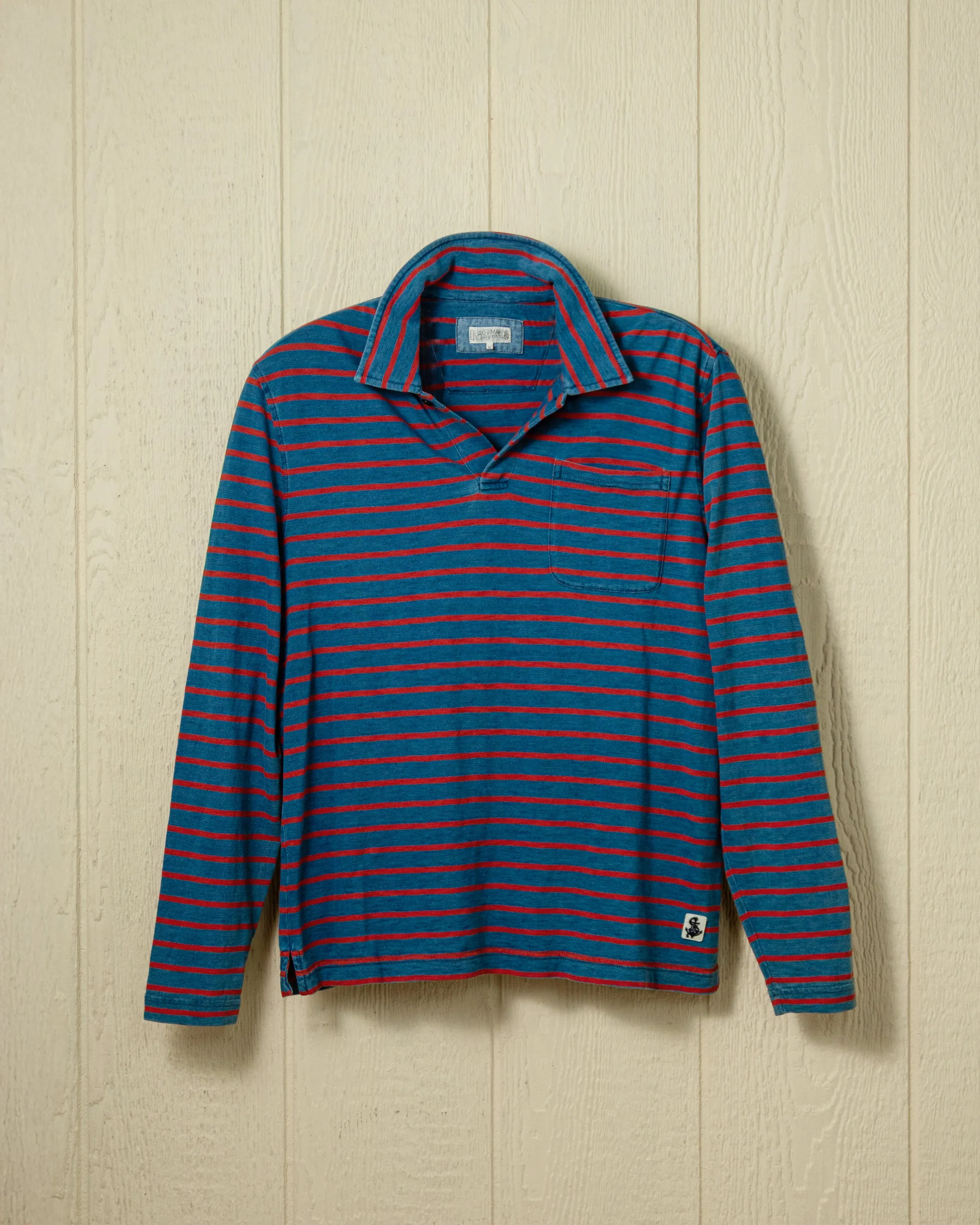 Long Sleeve Indigo Polo in 3/4" Red/Navy Stripe subtle style