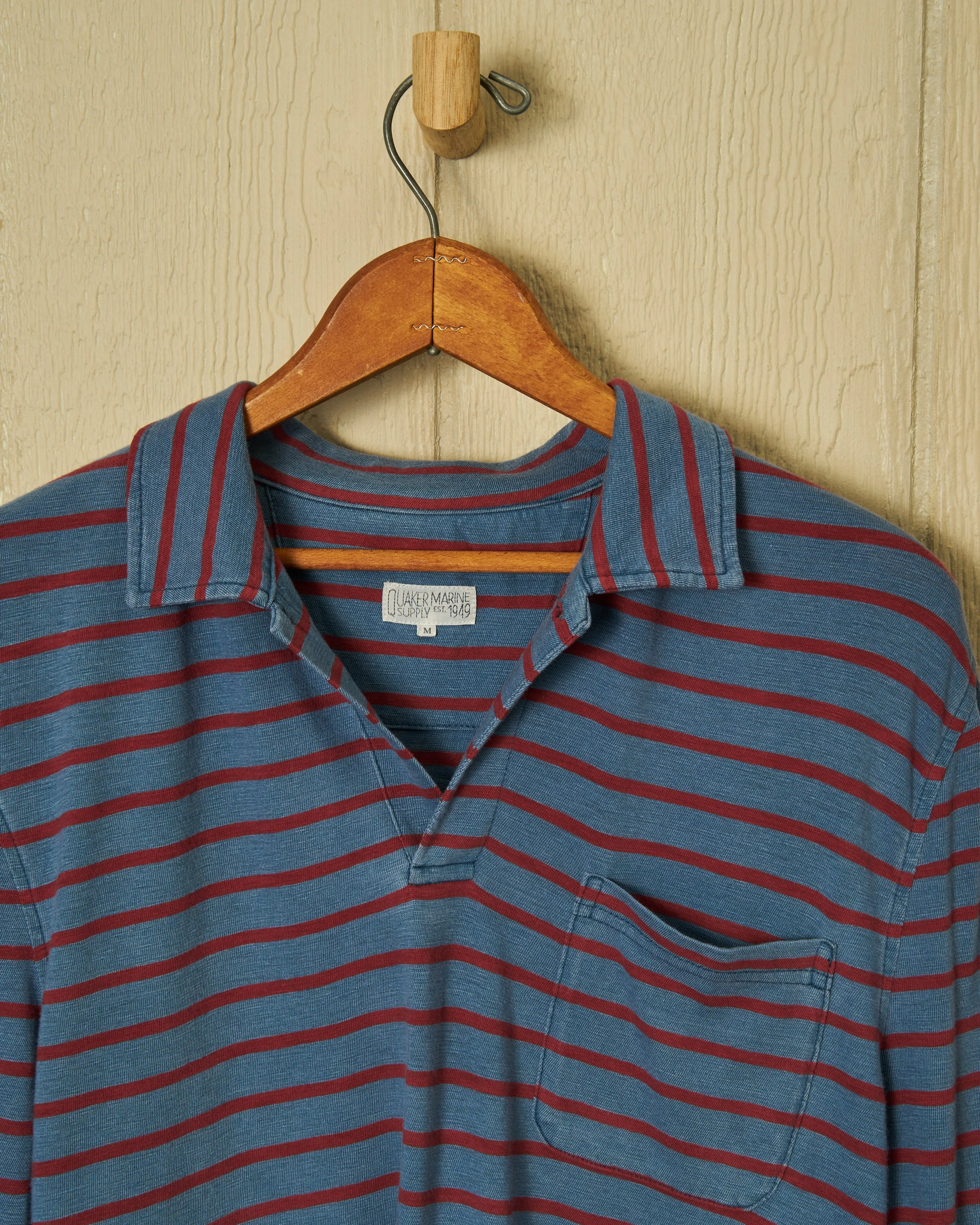 Long Sleeve Indigo Polo in 3/4" Red/Navy Stripe neat edge