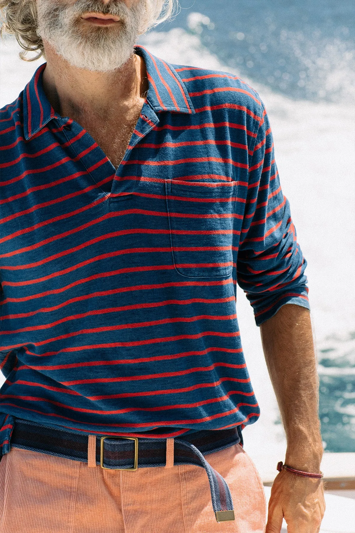 Long Sleeve Indigo Polo in 3/4" Red/Navy Stripe air flow