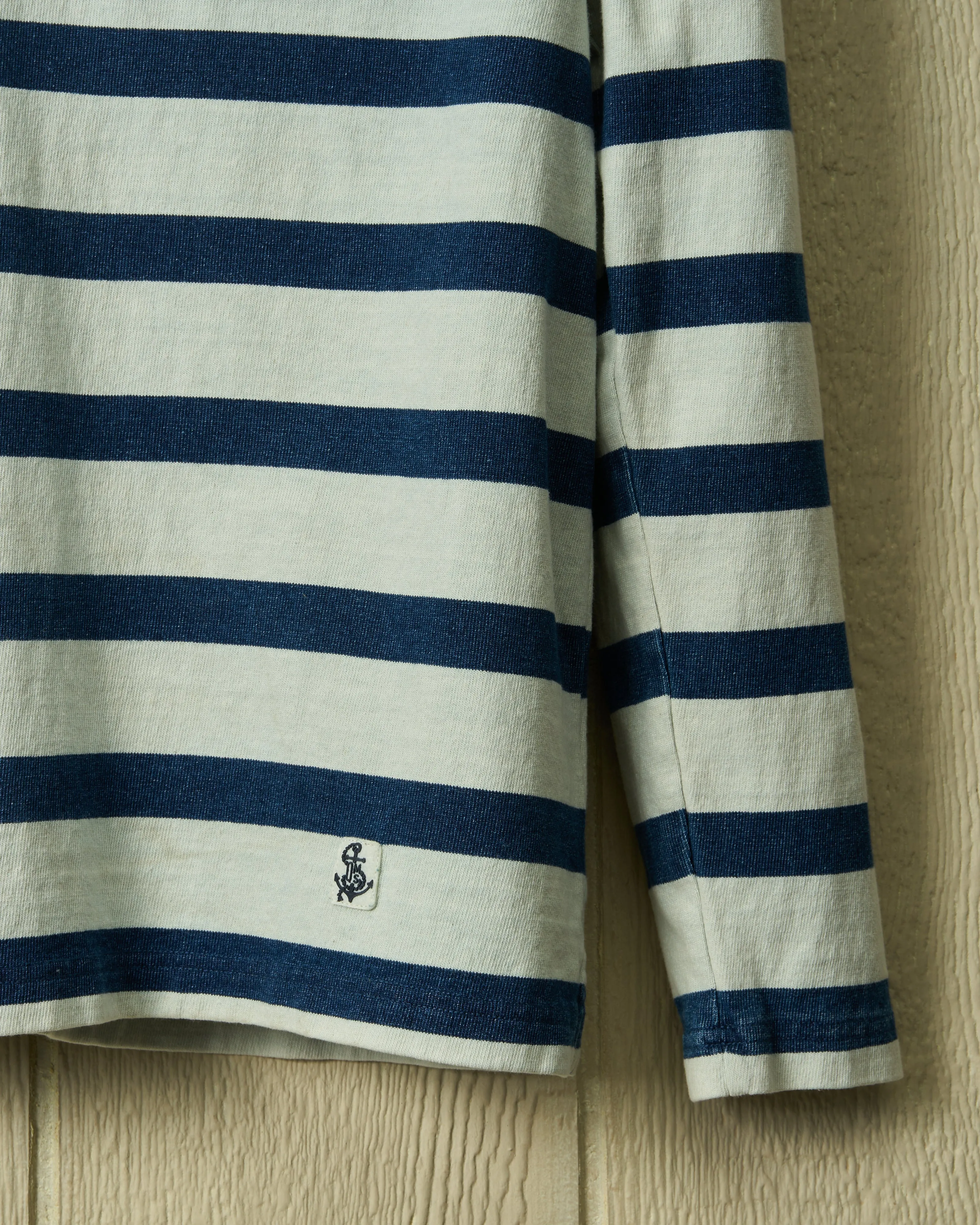 Long Sleeve Indigo Polo in Blue/Antique White Wide Stripe leisure look