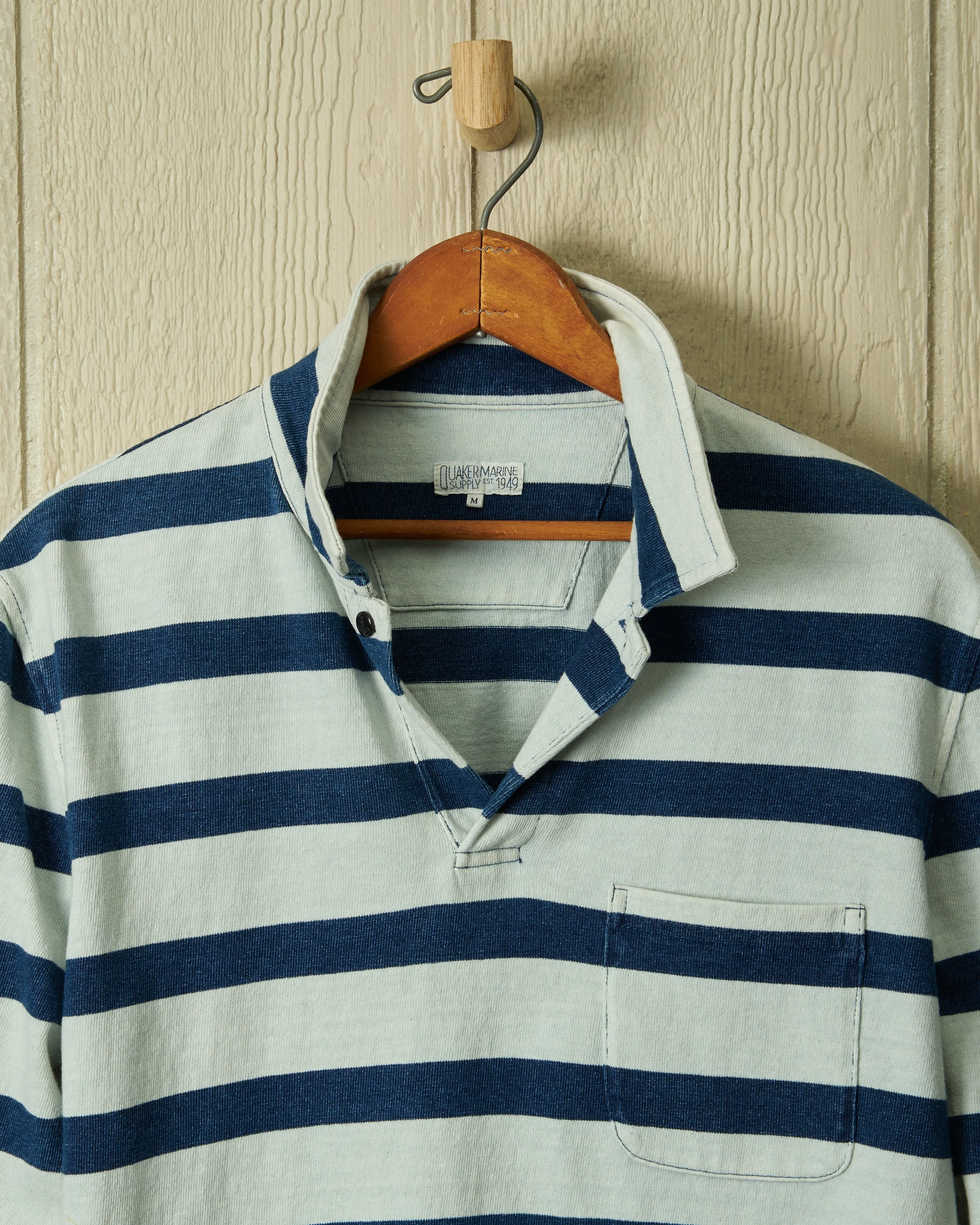 Long Sleeve Indigo Polo in Blue/Antique White Wide Stripe earth tone