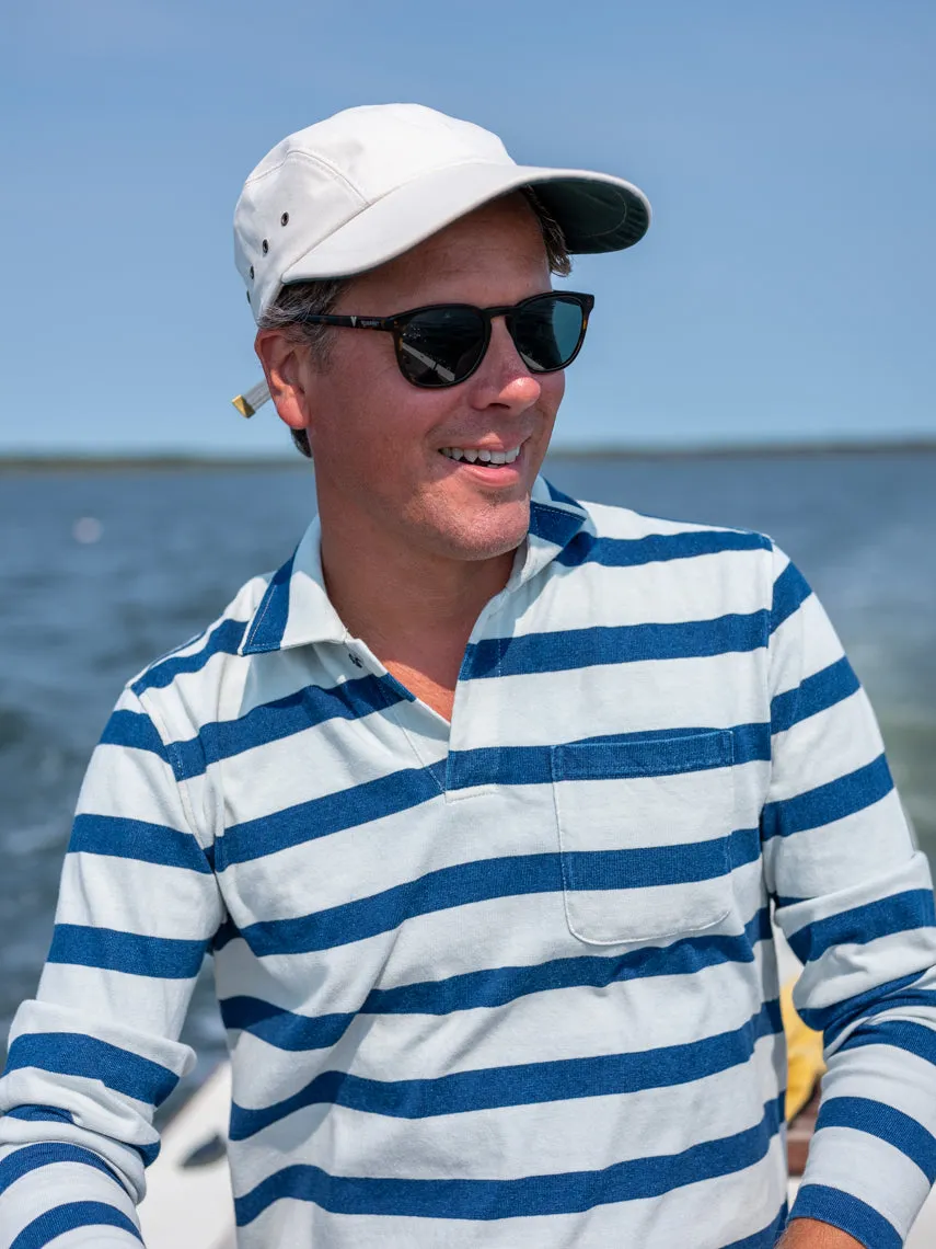 Long Sleeve Indigo Polo in Blue/Antique White Wide Stripe airy layer
