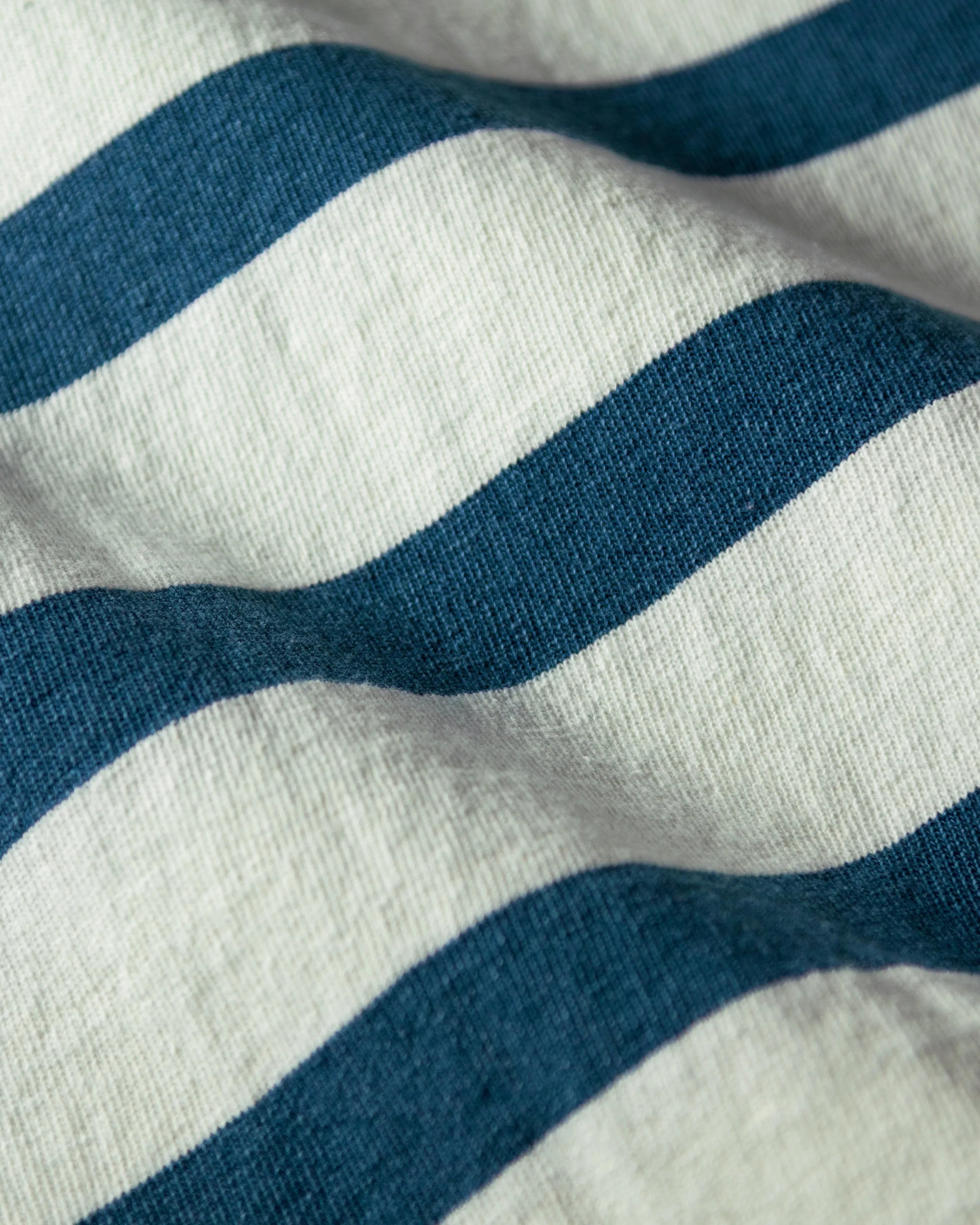 Long Sleeve Indigo Polo in Blue/Antique White Wide Stripe sunset look
