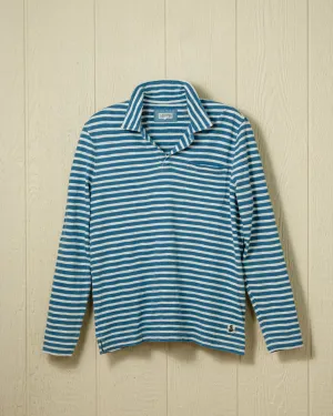 Long Sleeve Indigo Polo in Blue/White Even Stripe stretch fit