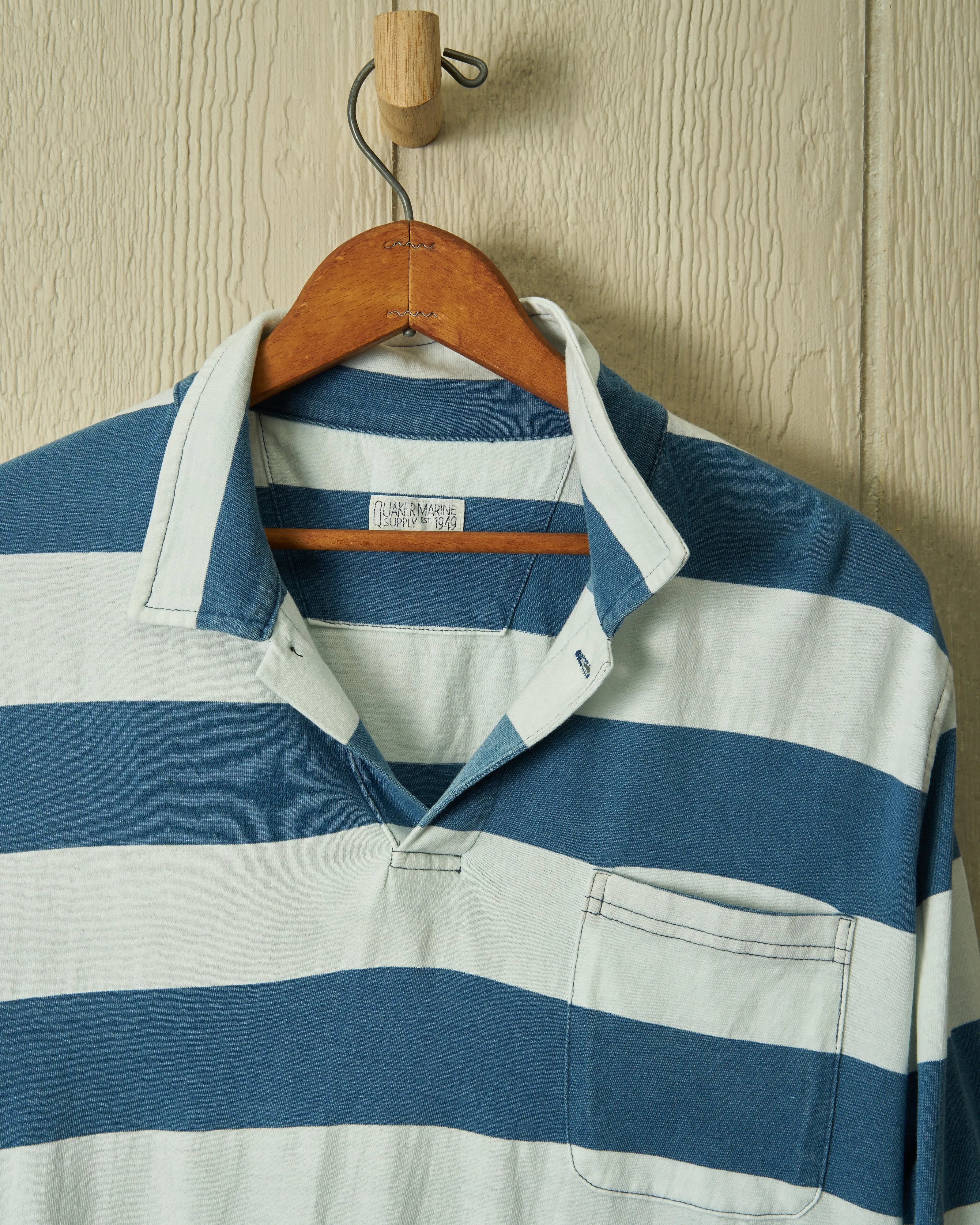 Long Sleeve Indigo Polo in Blue/White Rugby Stripe fall mode
