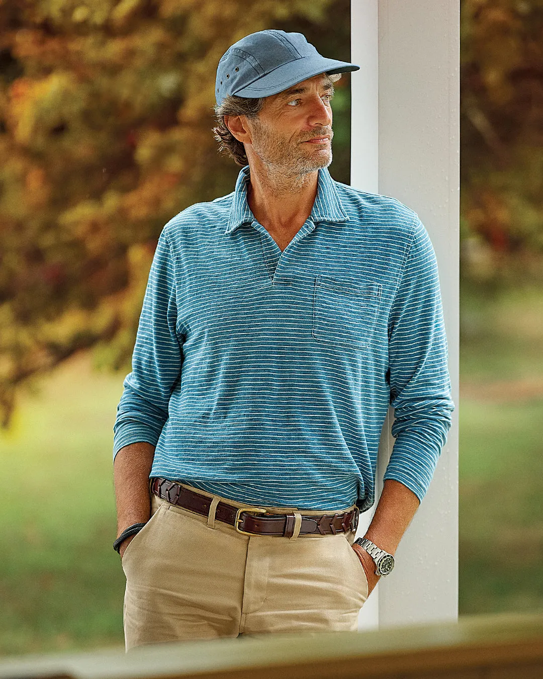 Long Sleeve Indigo Polo in Blue/White Slub Stripe style vibe