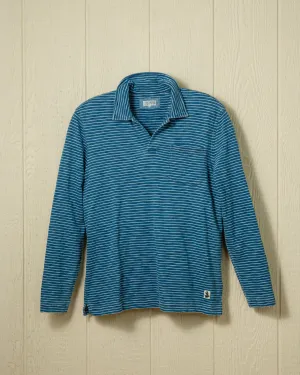 Long Sleeve Indigo Polo in Blue/White Slub Stripe work mode