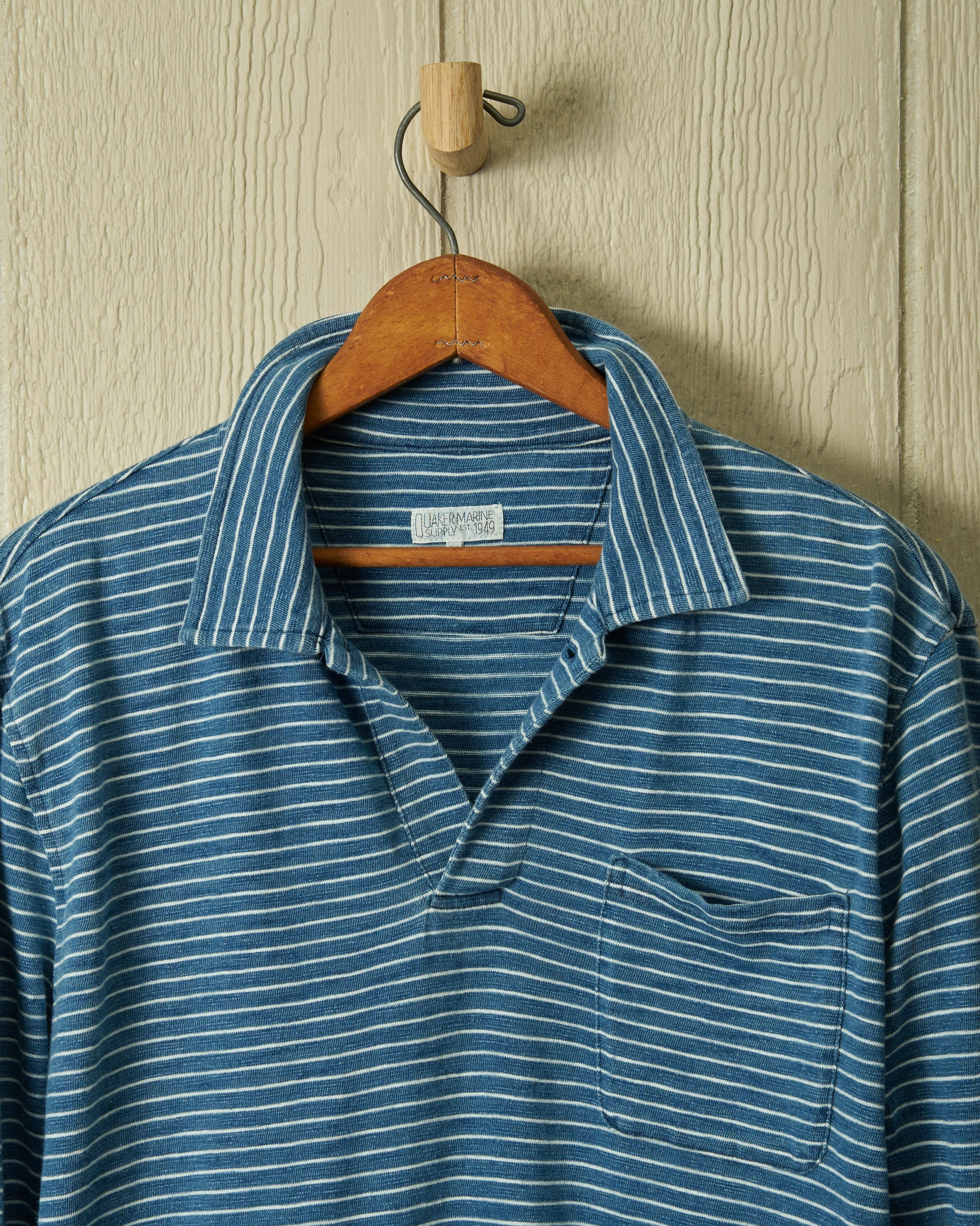 Long Sleeve Indigo Polo in Blue/White Slub Stripe style vibe