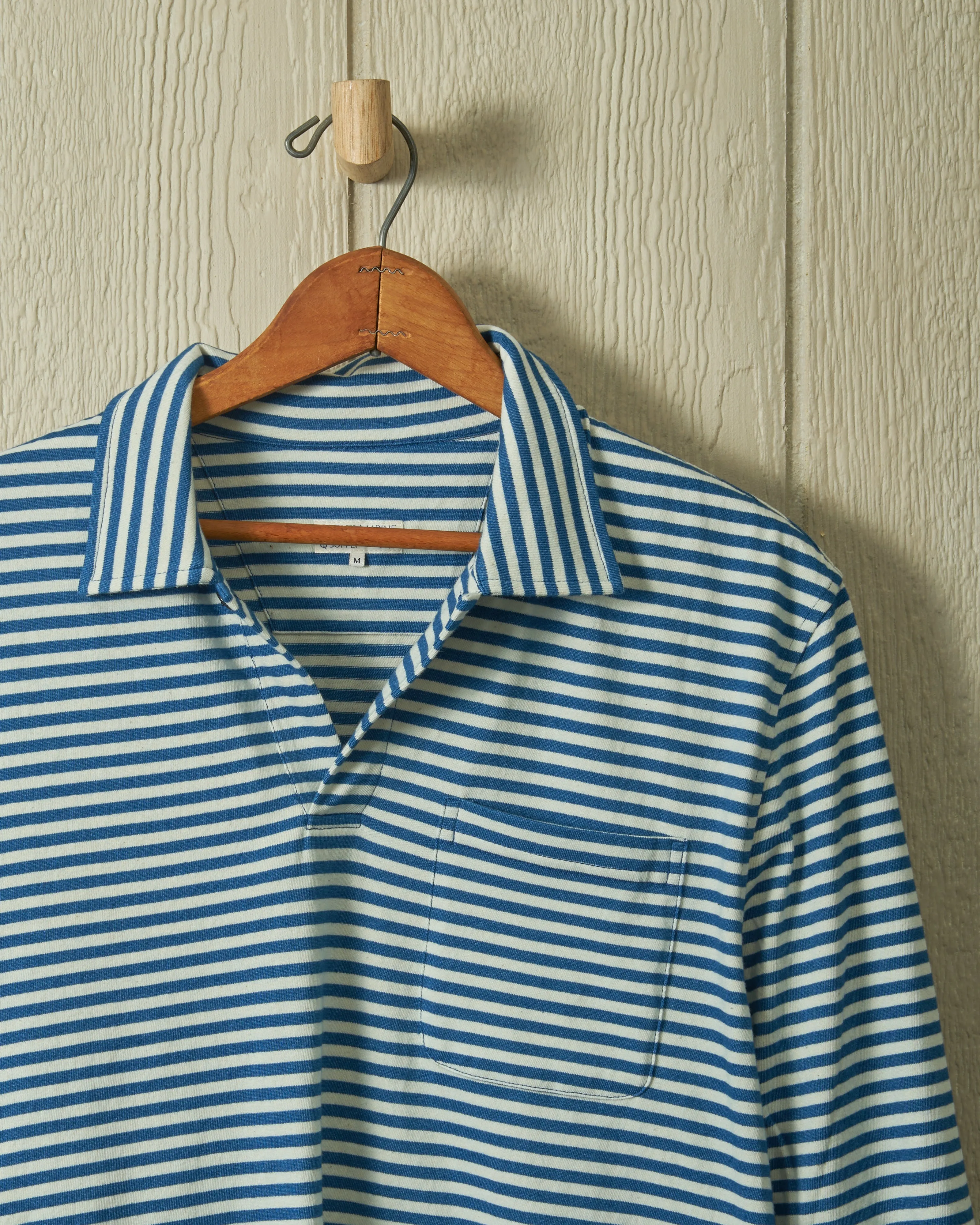 Long Sleeve Indigo Polo in Blue/White Stripe run errands
