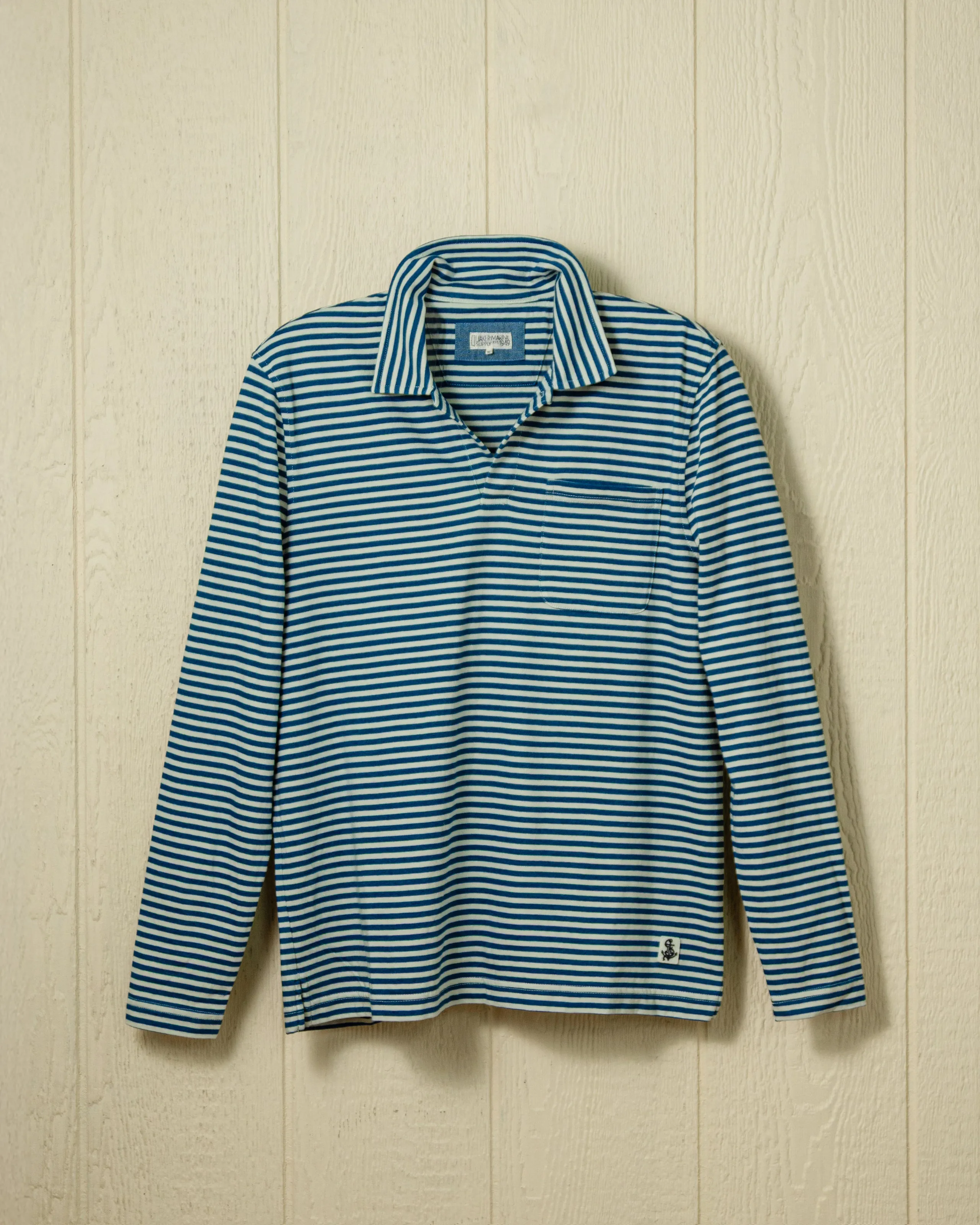 Long Sleeve Indigo Polo in Blue/White Stripe cool breath