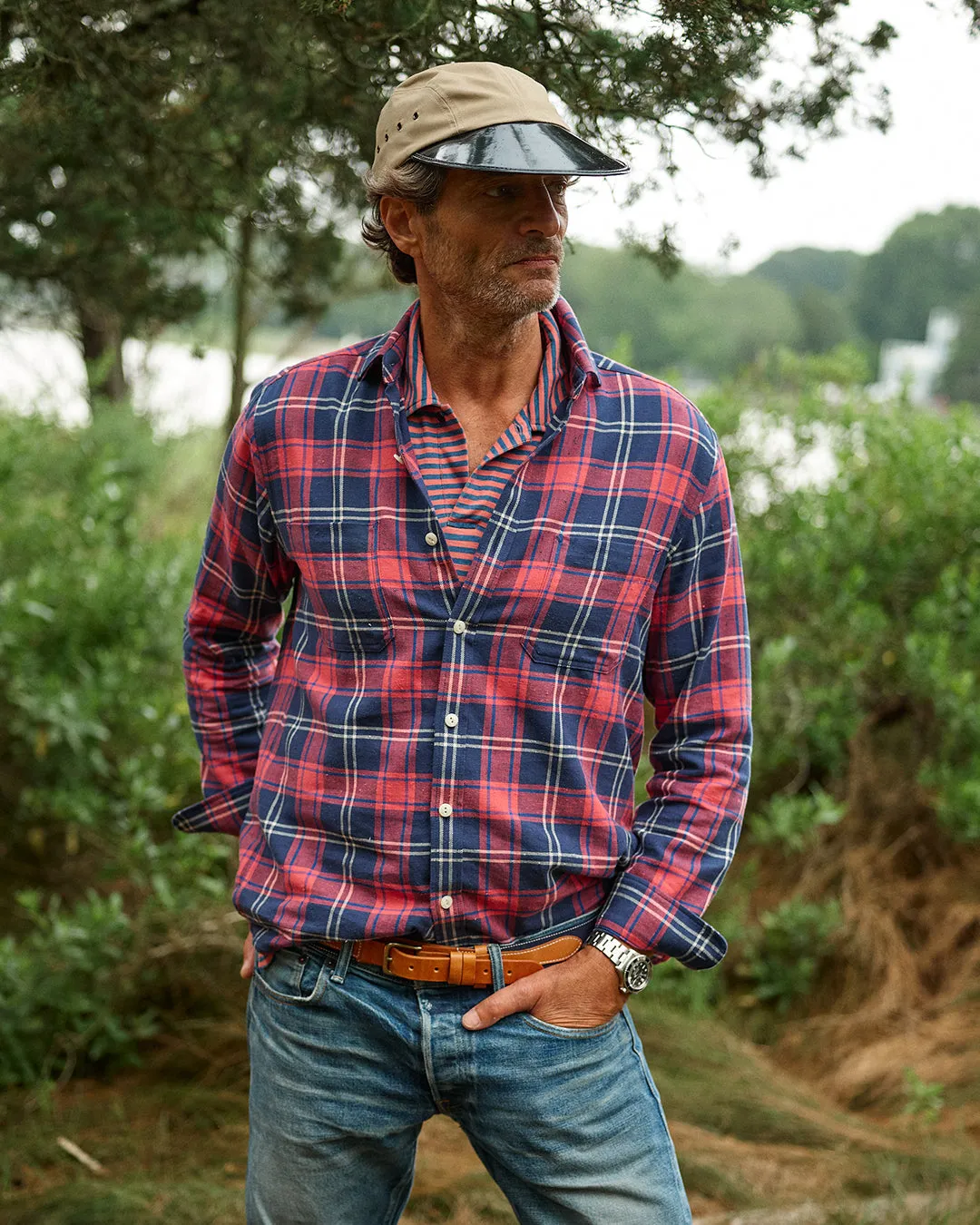 Long Sleeve Indigo Polo in Faded Red/Navy Even Stripe casual wear