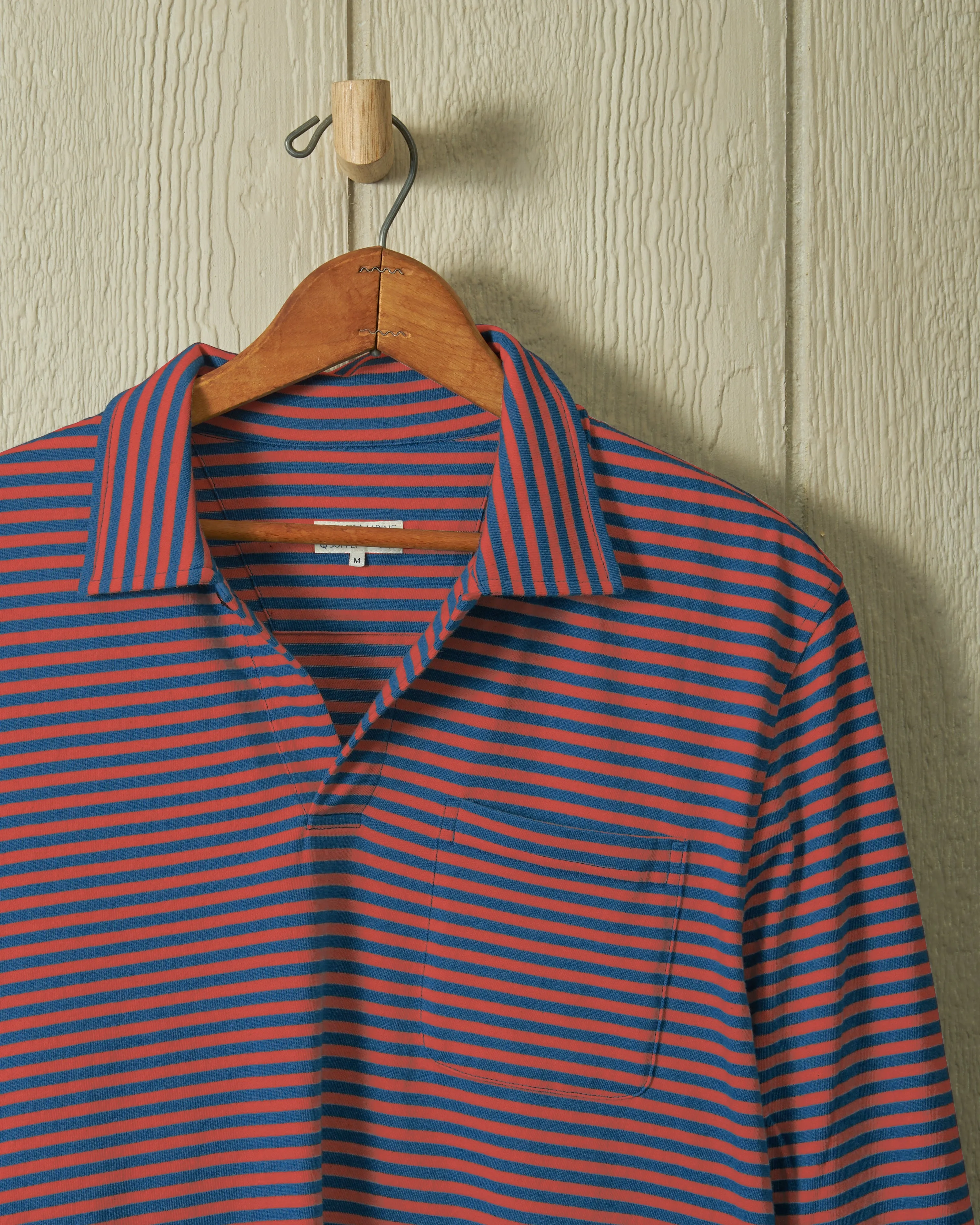 Long Sleeve Indigo Polo in Faded Red/Navy Even Stripe sport style