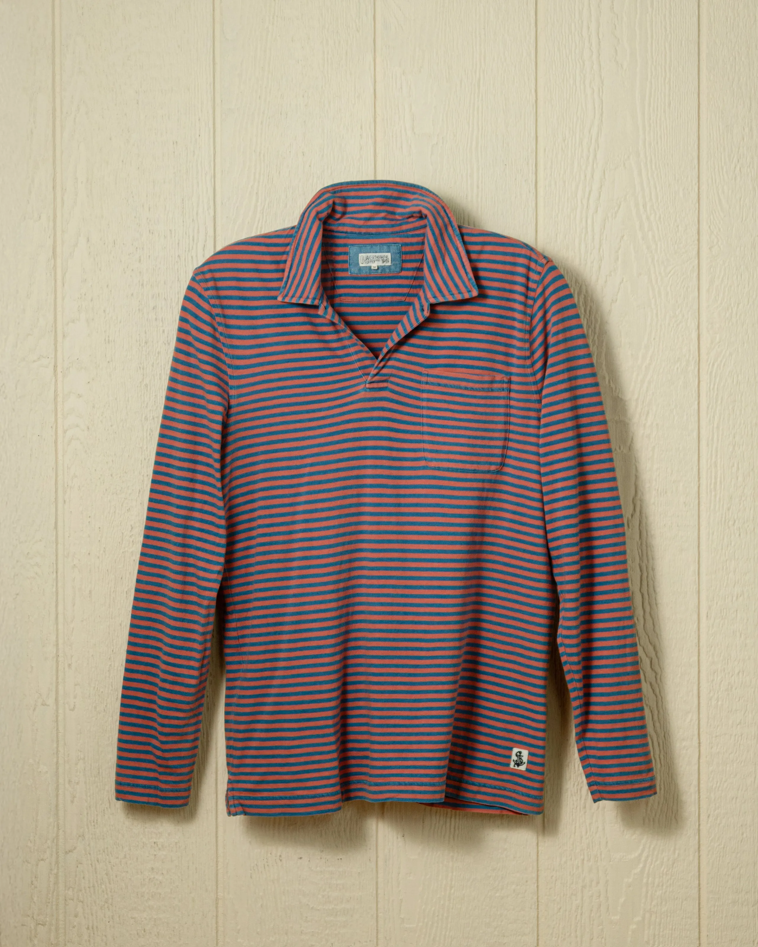 Long Sleeve Indigo Polo in Faded Red/Navy Even Stripe quick dry