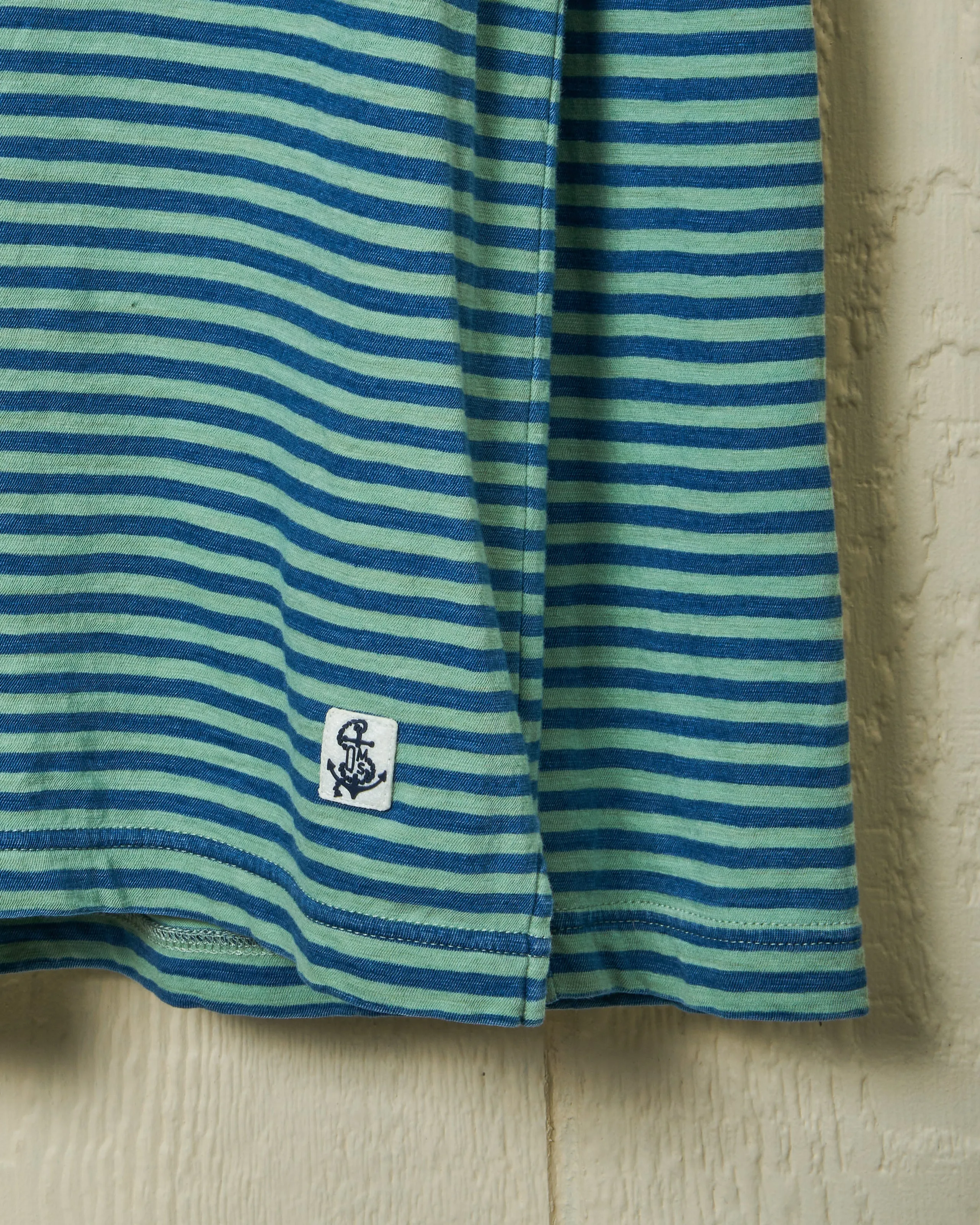 Long Sleeve Indigo Polo in Faded Spruce/Navy Even Stripe work mode