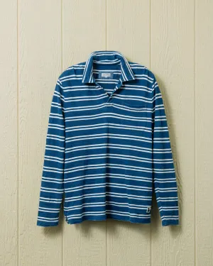 Long Sleeve Indigo Polo in Indigo/White Double Stripe sleek form
