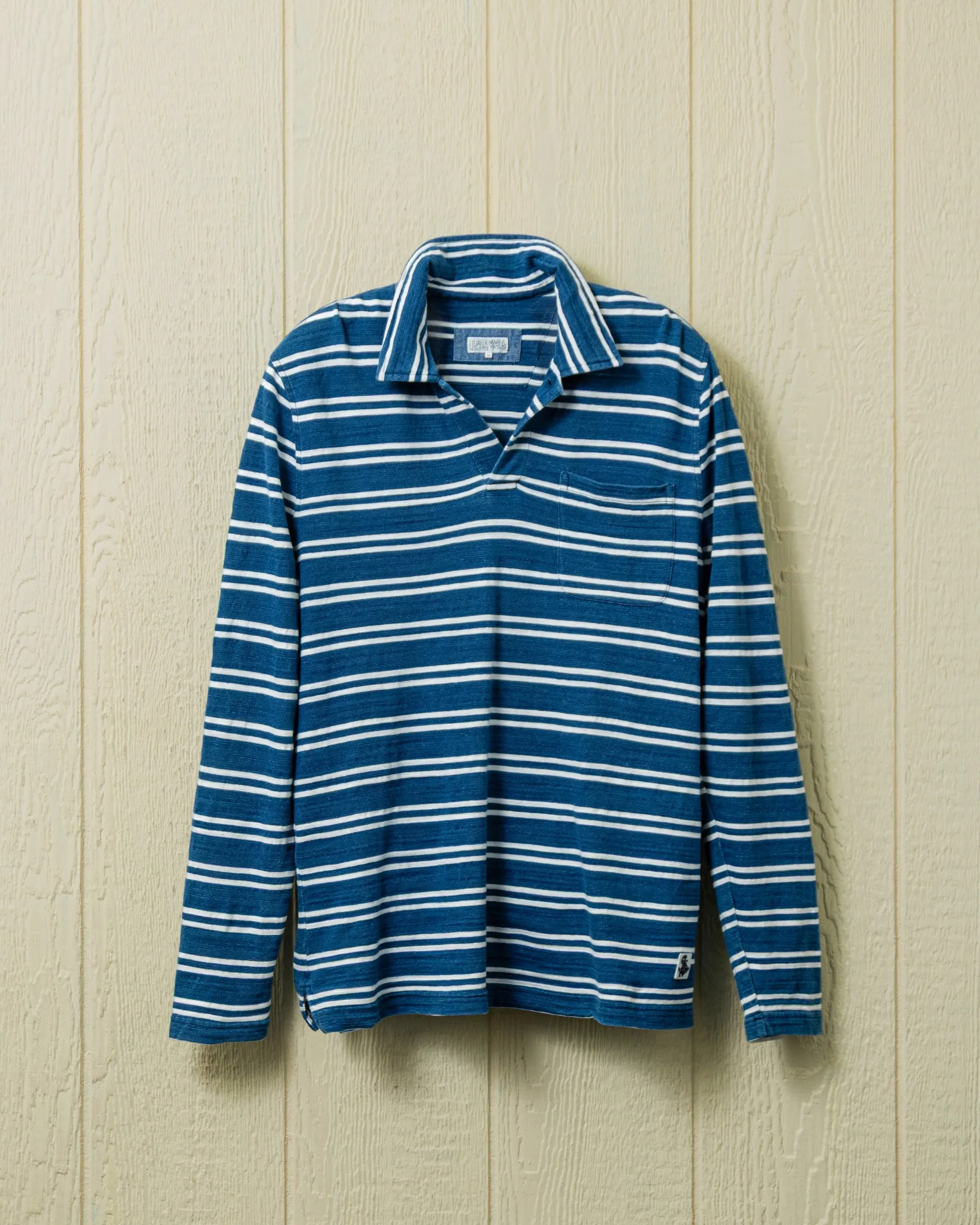 Long Sleeve Indigo Polo in Indigo/White Double Stripe sleek form