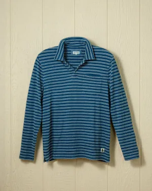 Long Sleeve Indigo Polo in Mid Wash Jacquard Stripe calm tone